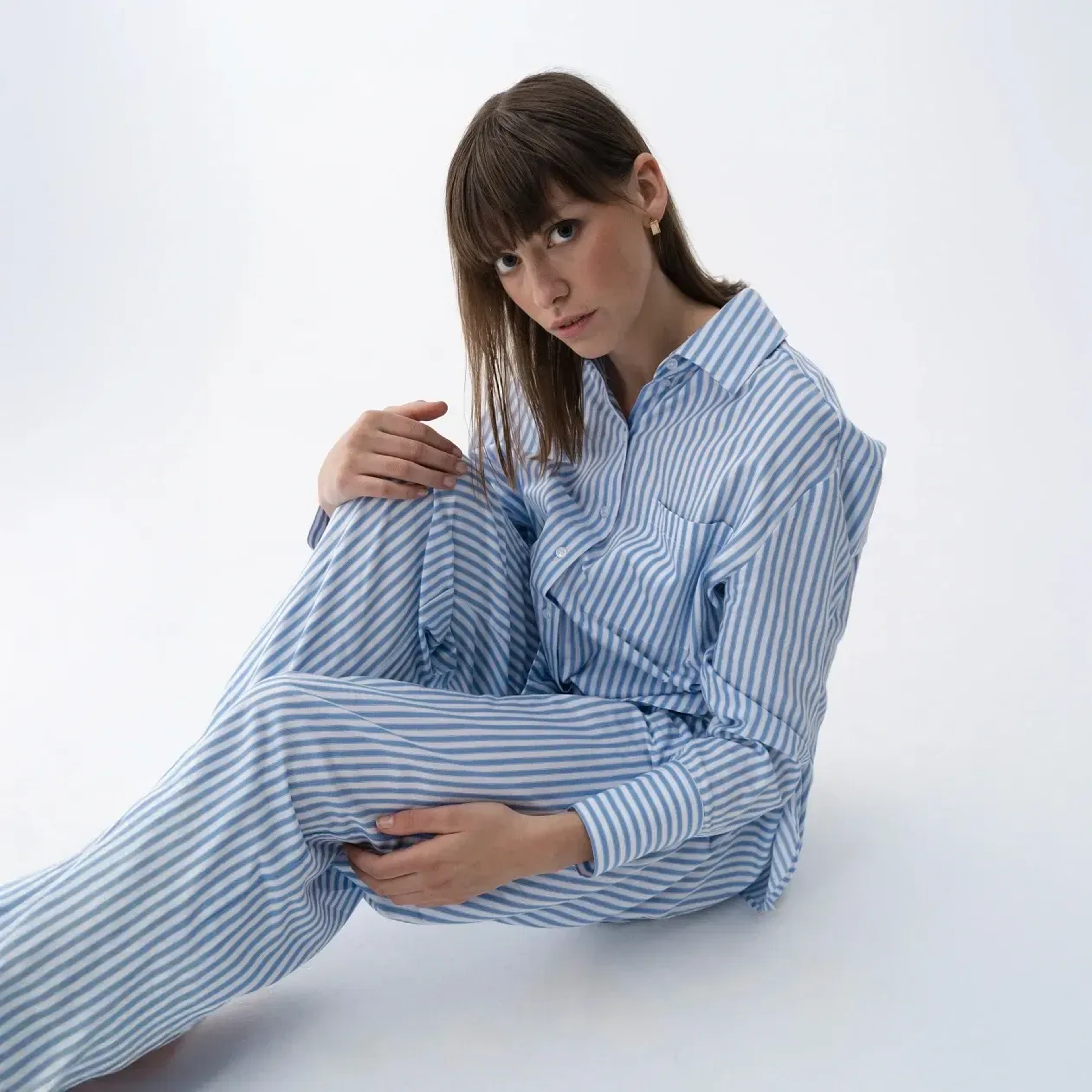 Renna Kadın Dokuma Uzun Kollu Gömlek Mavi