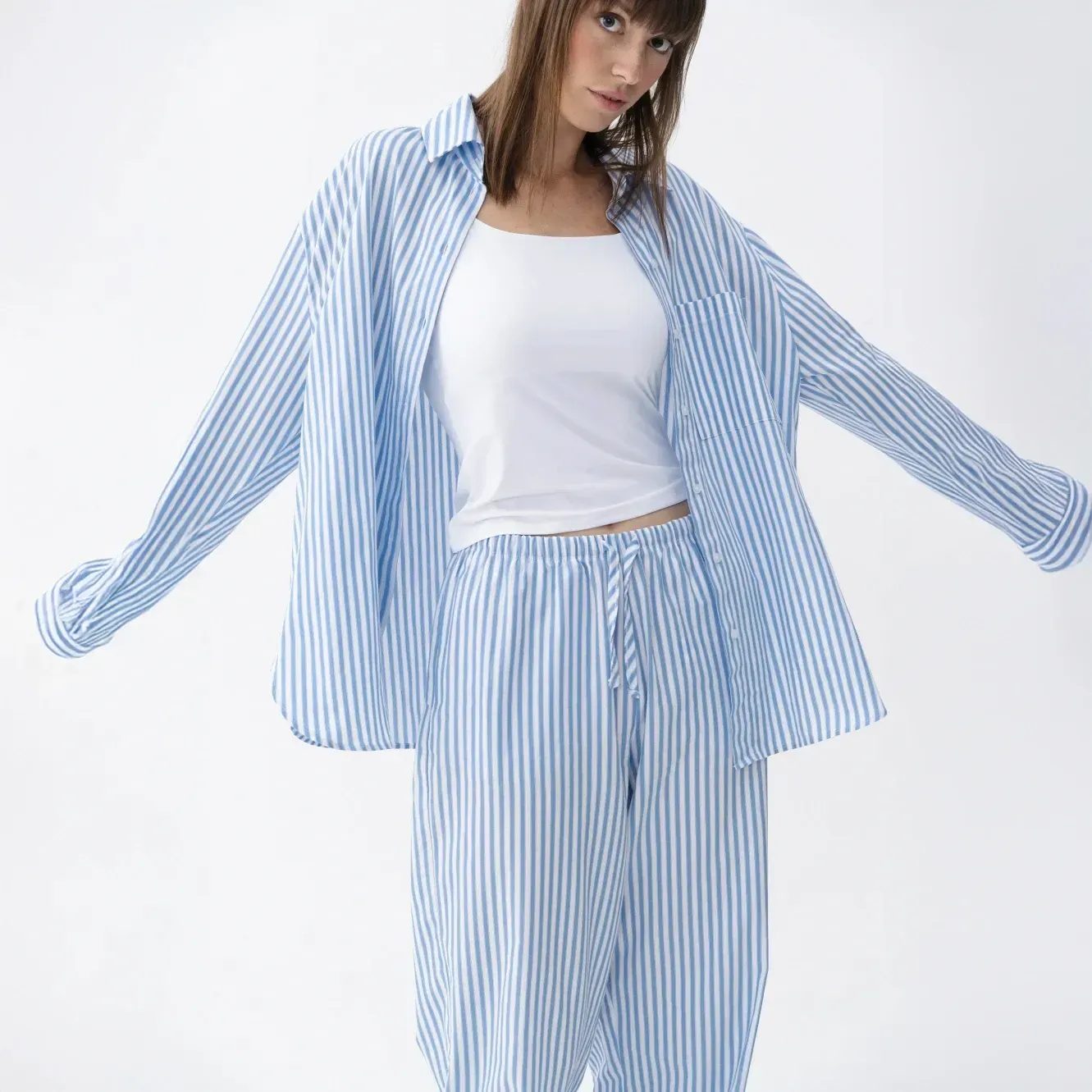 Renna Kadın Dokuma Uzun Kollu Gömlek Mavi