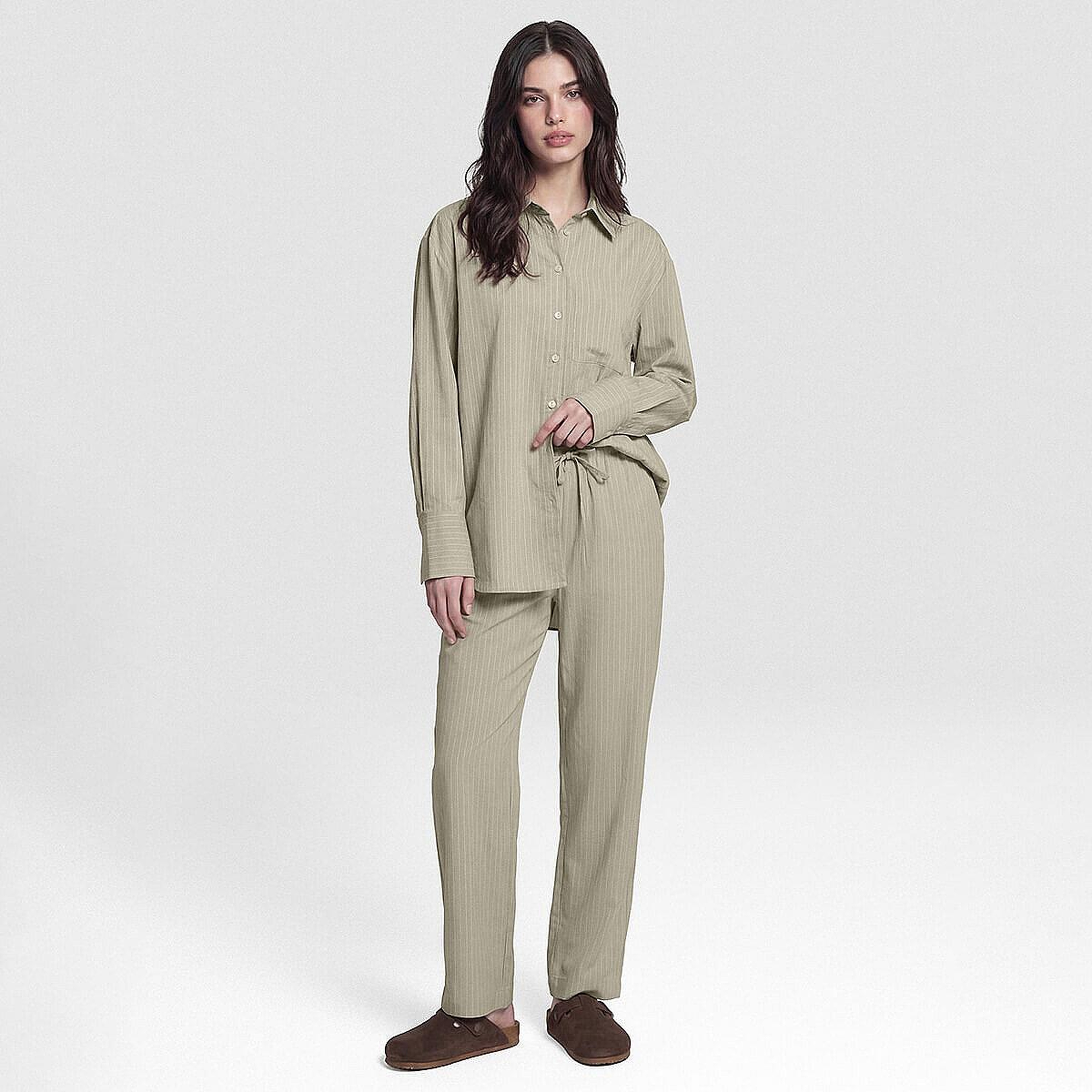 Sierra Kadın Çizgili Uzun Kol Gömlek Haki