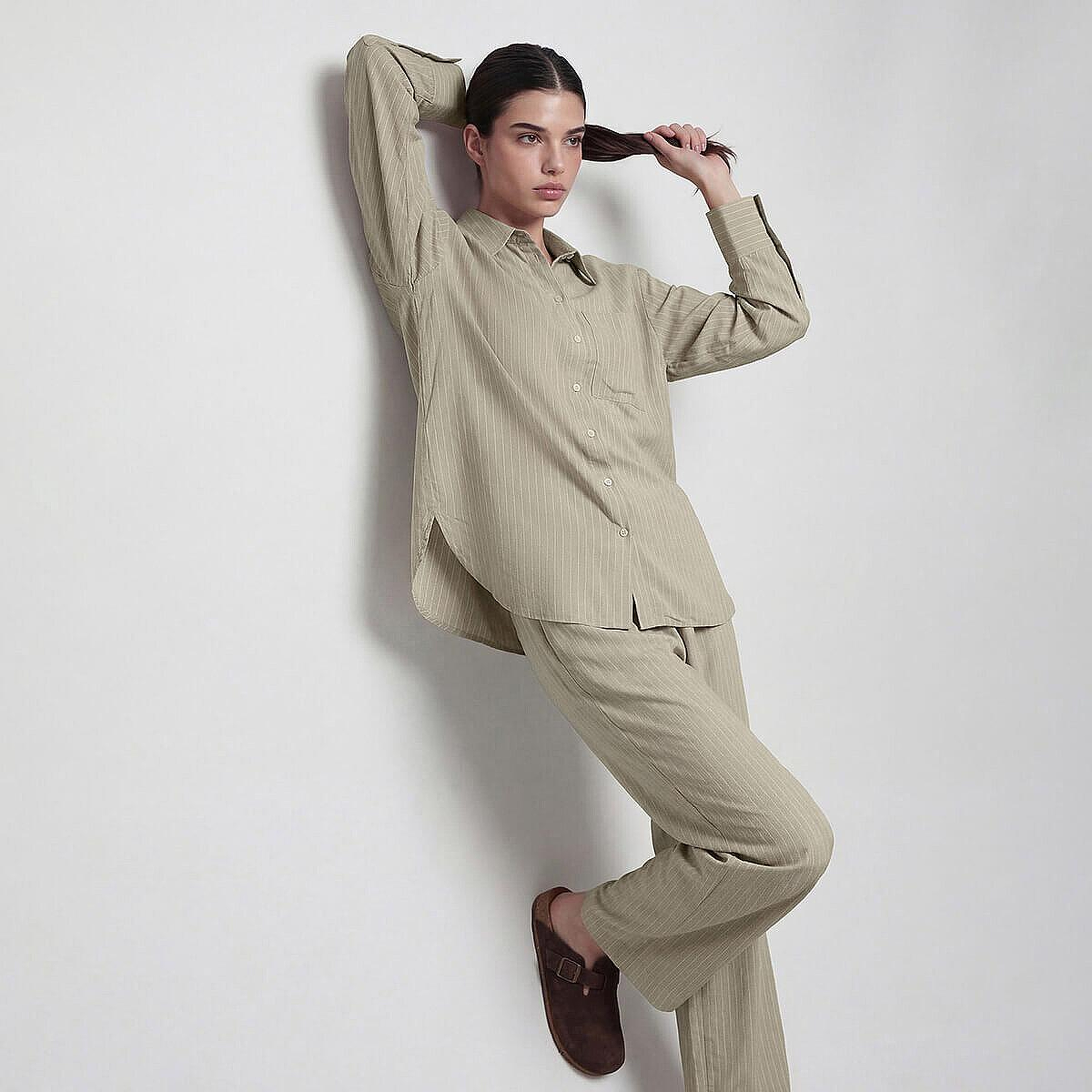 Sierra Kadın Çizgili Uzun Kol Gömlek Haki