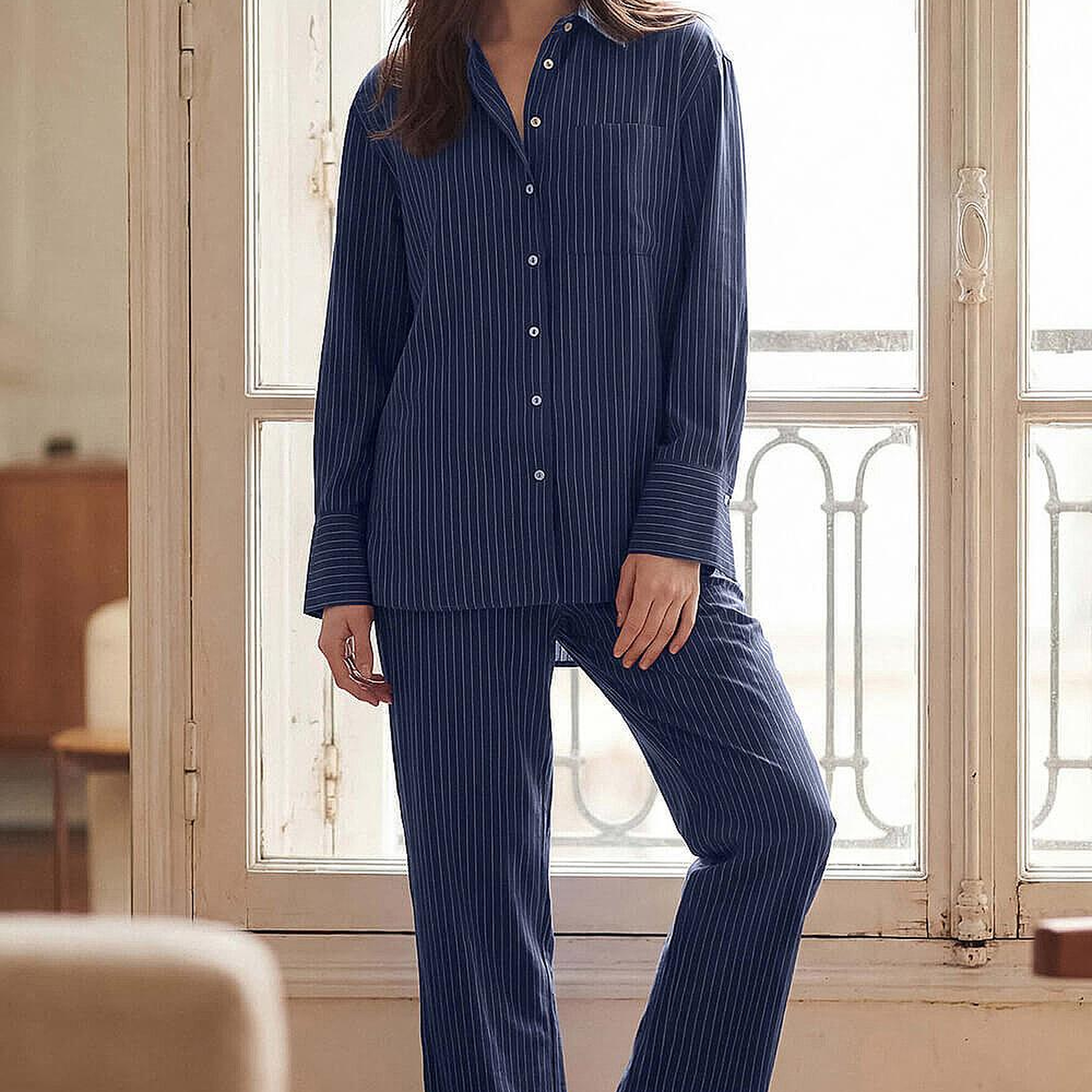 Sierra Kadın Çizgili Uzun Kol Gömlek Lacivert