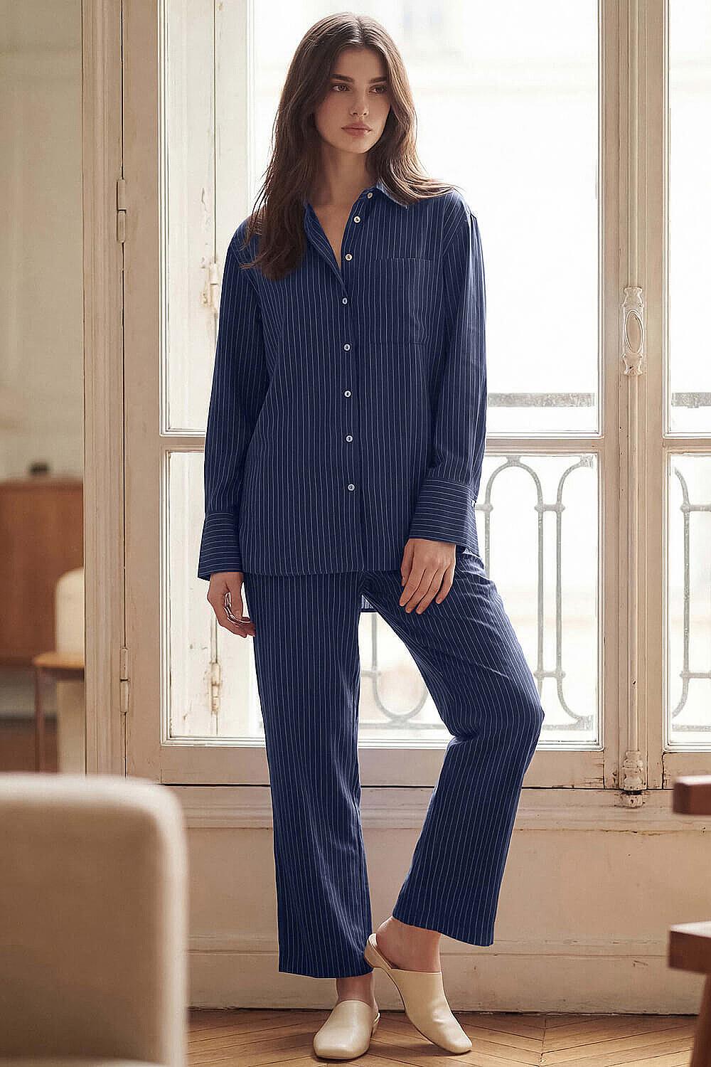 Sierra Kadın Çizgili Uzun Kol Gömlek Lacivert