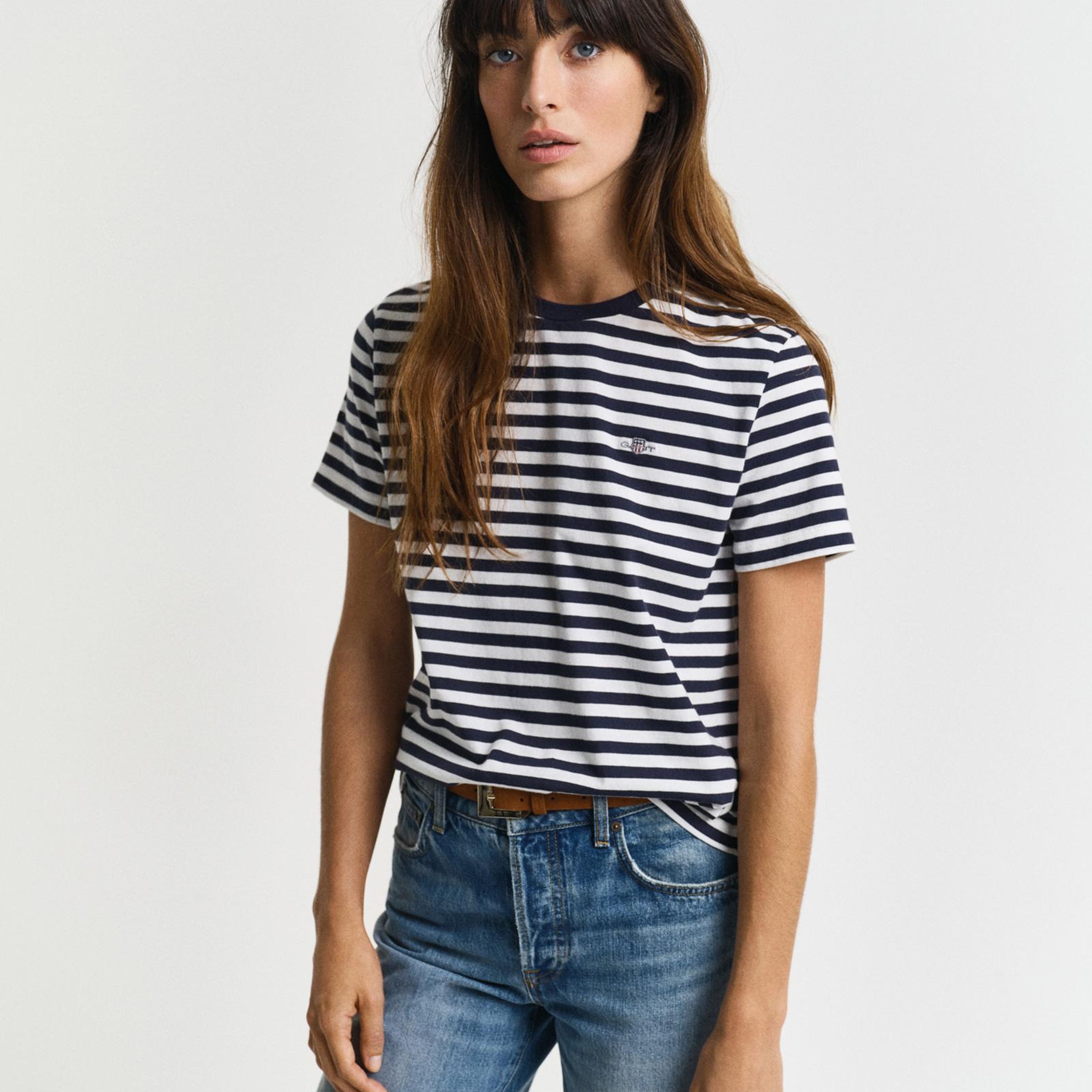 GANT Kadın Lacivert Bisiklet Yaka Regular Fit Çizgili T-Shirt