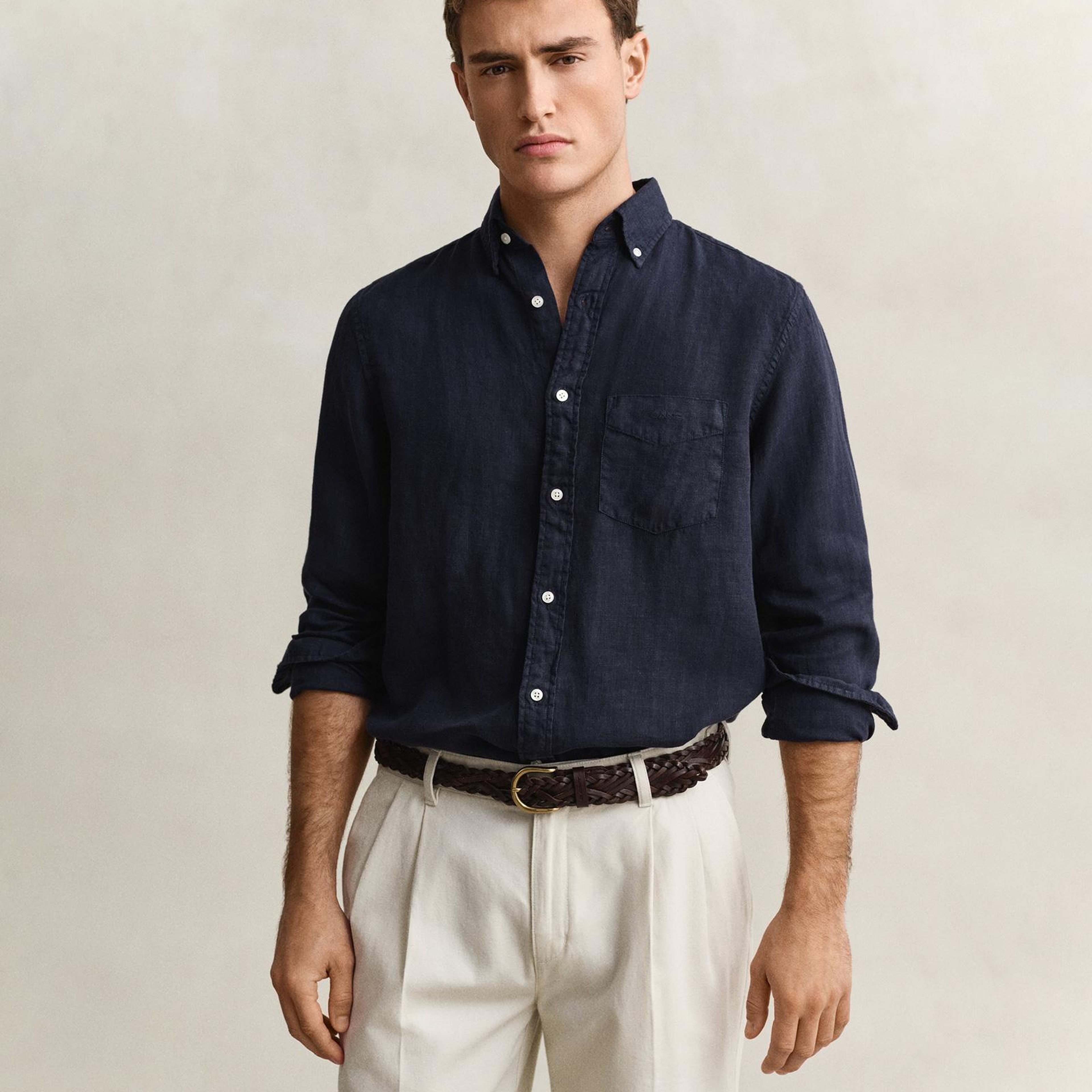 GANT Erkek Lacivert Regular Fit Düğmeli Yaka Keten Gömlek