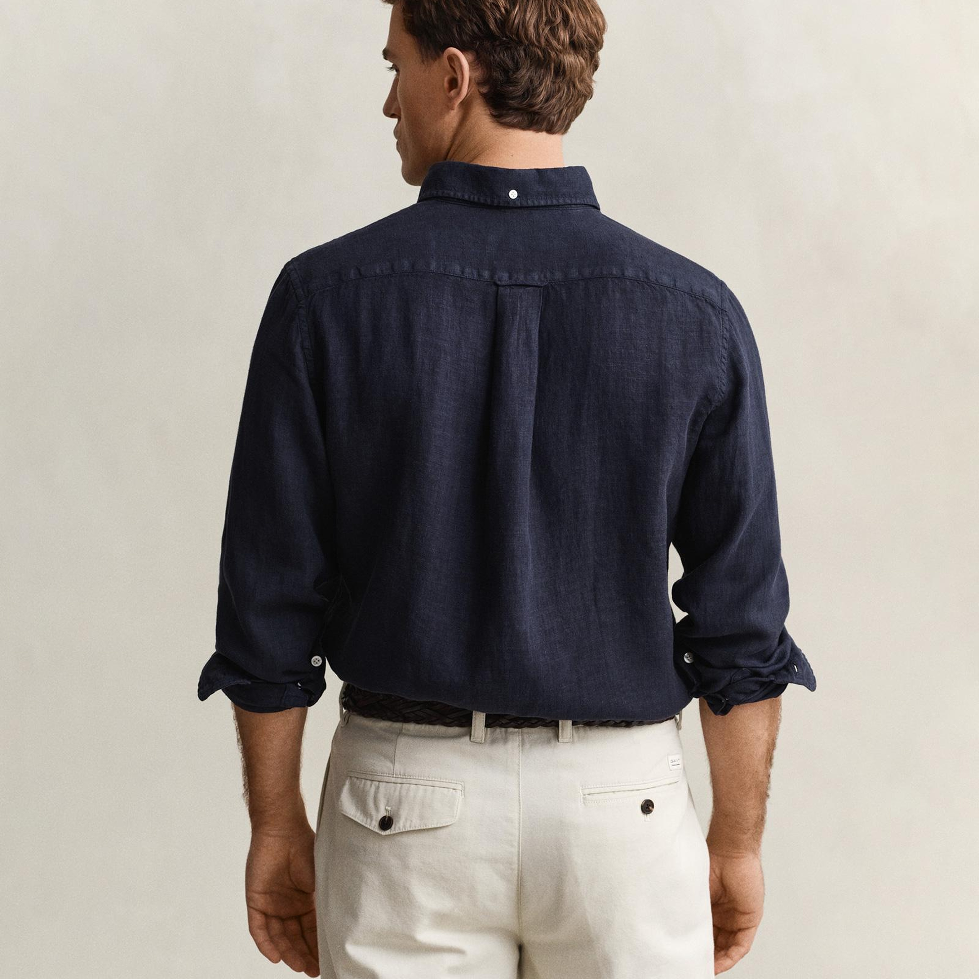 GANT Erkek Lacivert Regular Fit Düğmeli Yaka Keten Gömlek