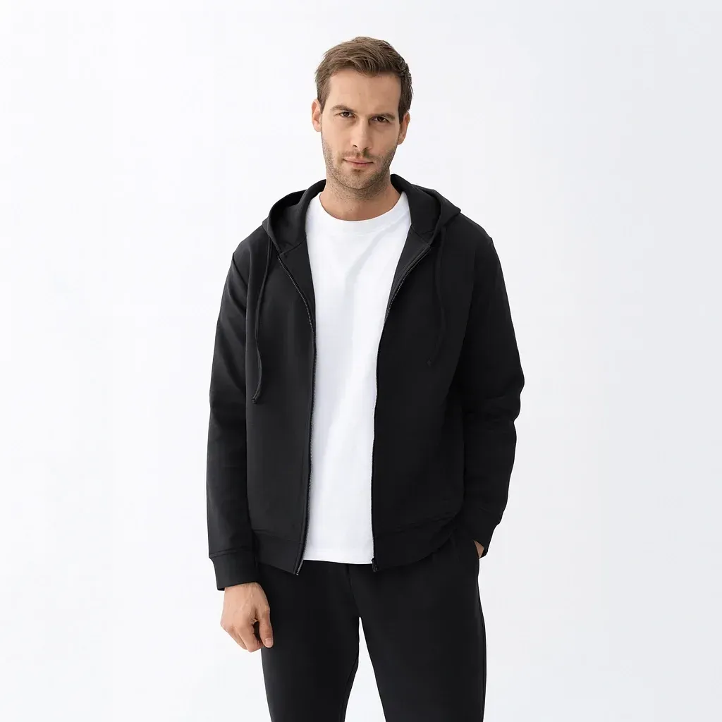 Qua Home Nico Erkek % 100 Pamuk Fermuarlı Sweatshirt Siyah