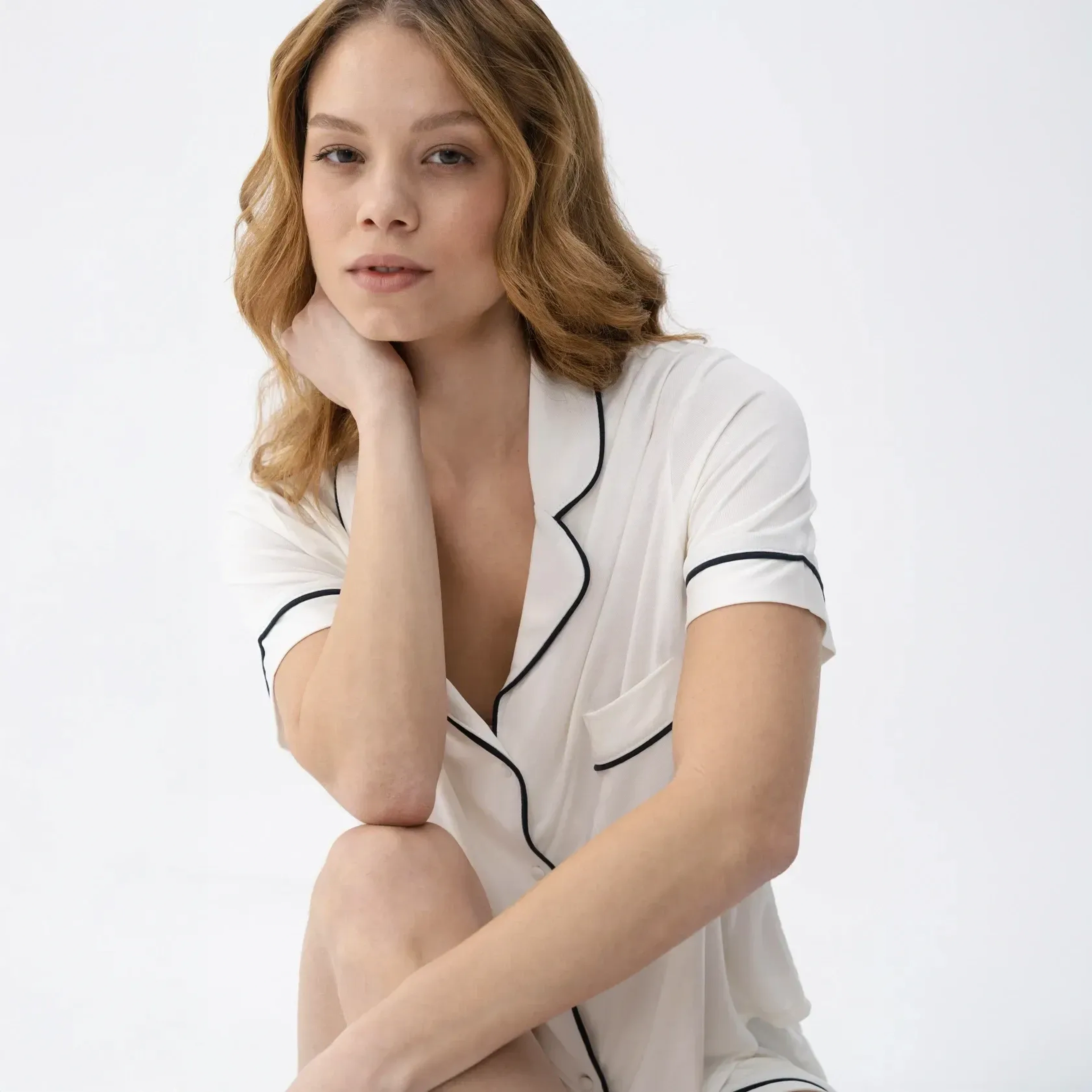 Qua Home Sia Kadın Modal Biyeli Kısa Kol Pijama Üst Ekru