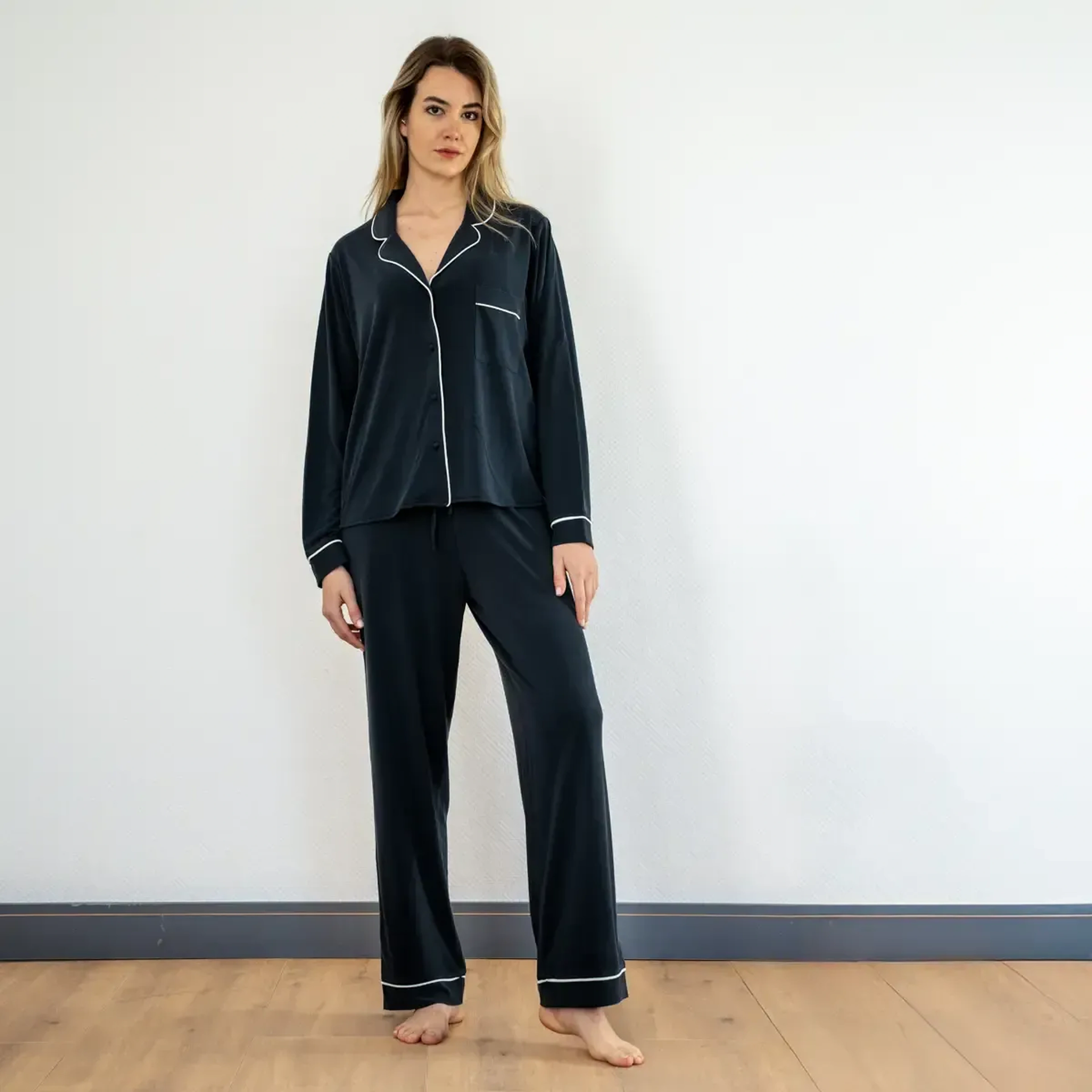 Qua Home Sia Kadın Modal Biyeli Uzun Kol Pijama Üst Lacivert