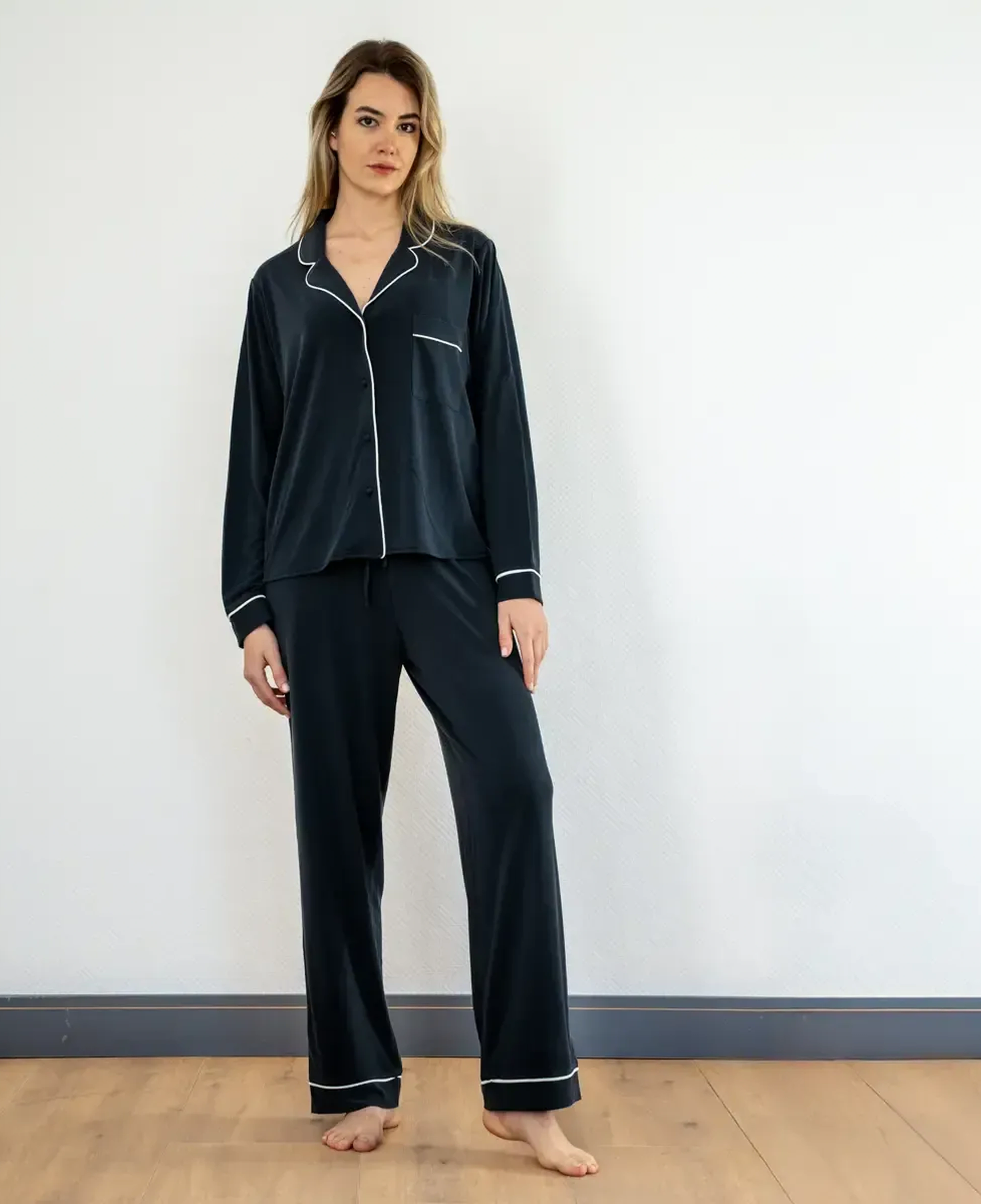 Qua Home Sia Kadın Modal Biyeli Uzun Kol Pijama Üst Lacivert