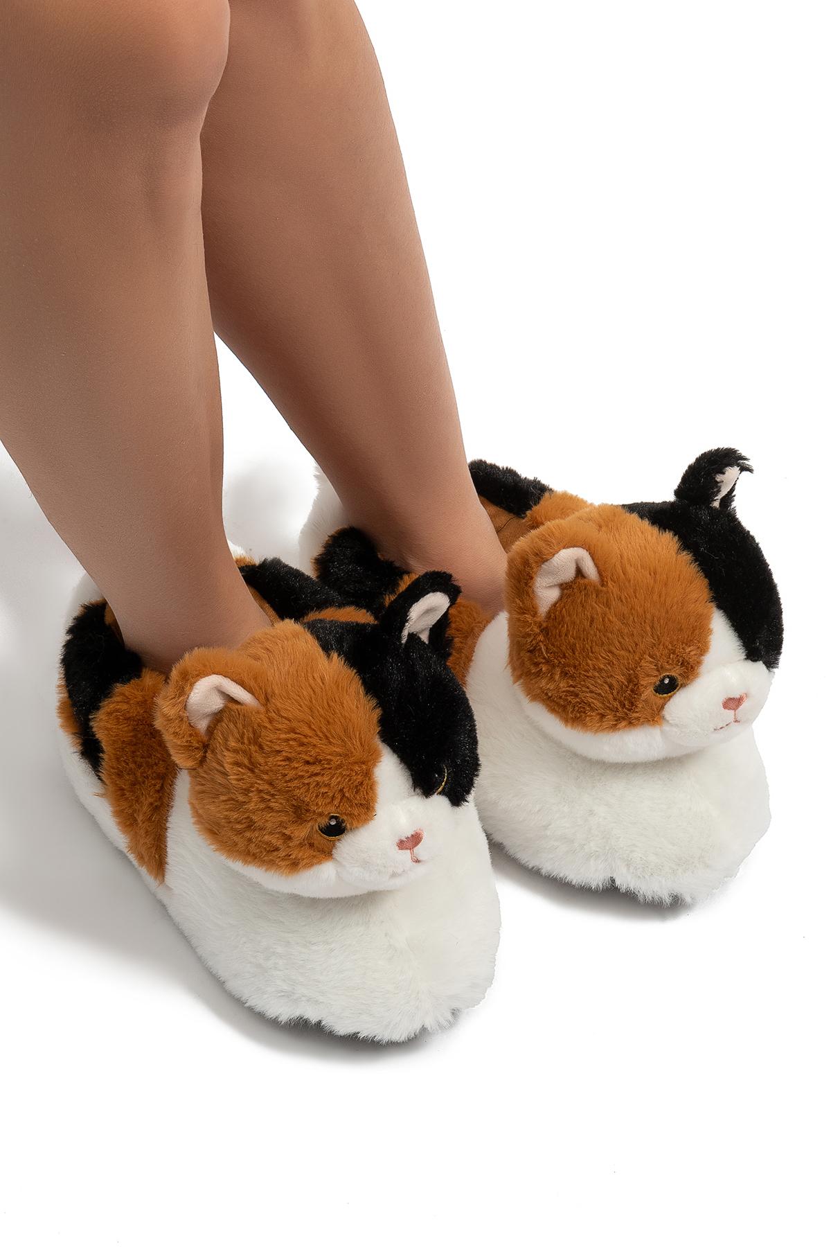 Renkli Kedi Kadın Hayvanlı Panduf Beyaz-Kahverengi 36/41