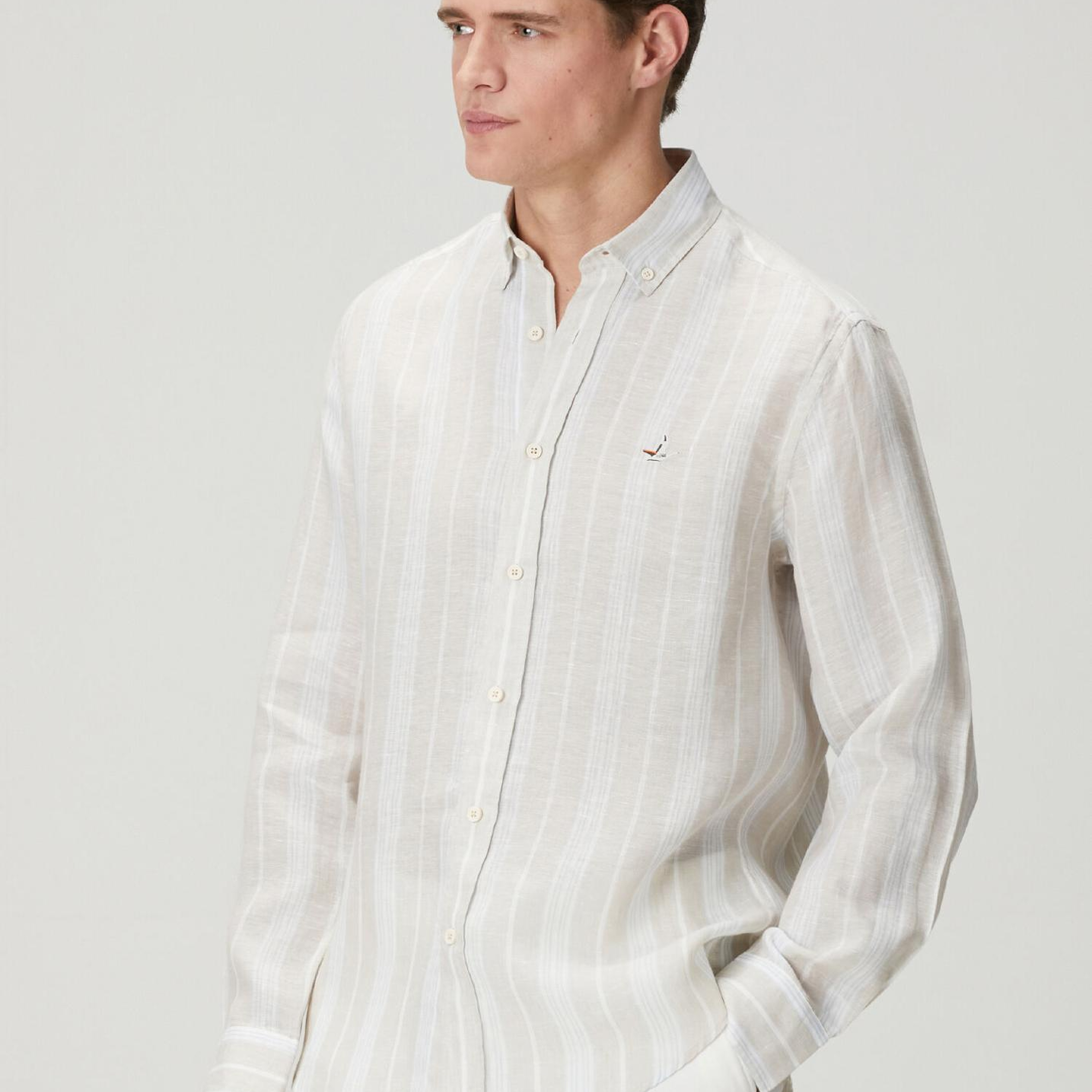 Beymen Club Erkek Comfort Fit Açık Haki Çizgi Desenli Keten Gömlek