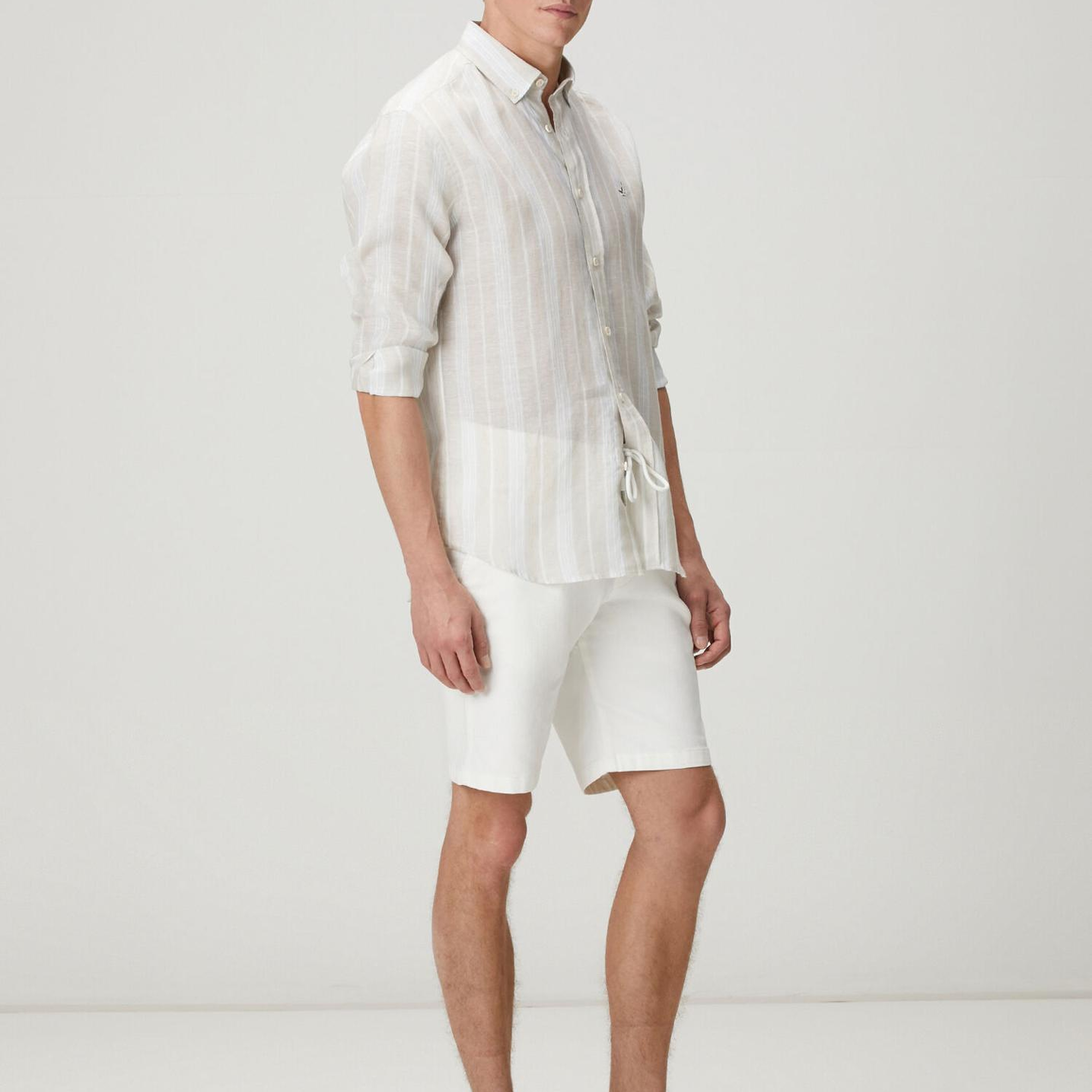 Beymen Club Erkek Comfort Fit Açık Haki Çizgi Desenli Keten Gömlek