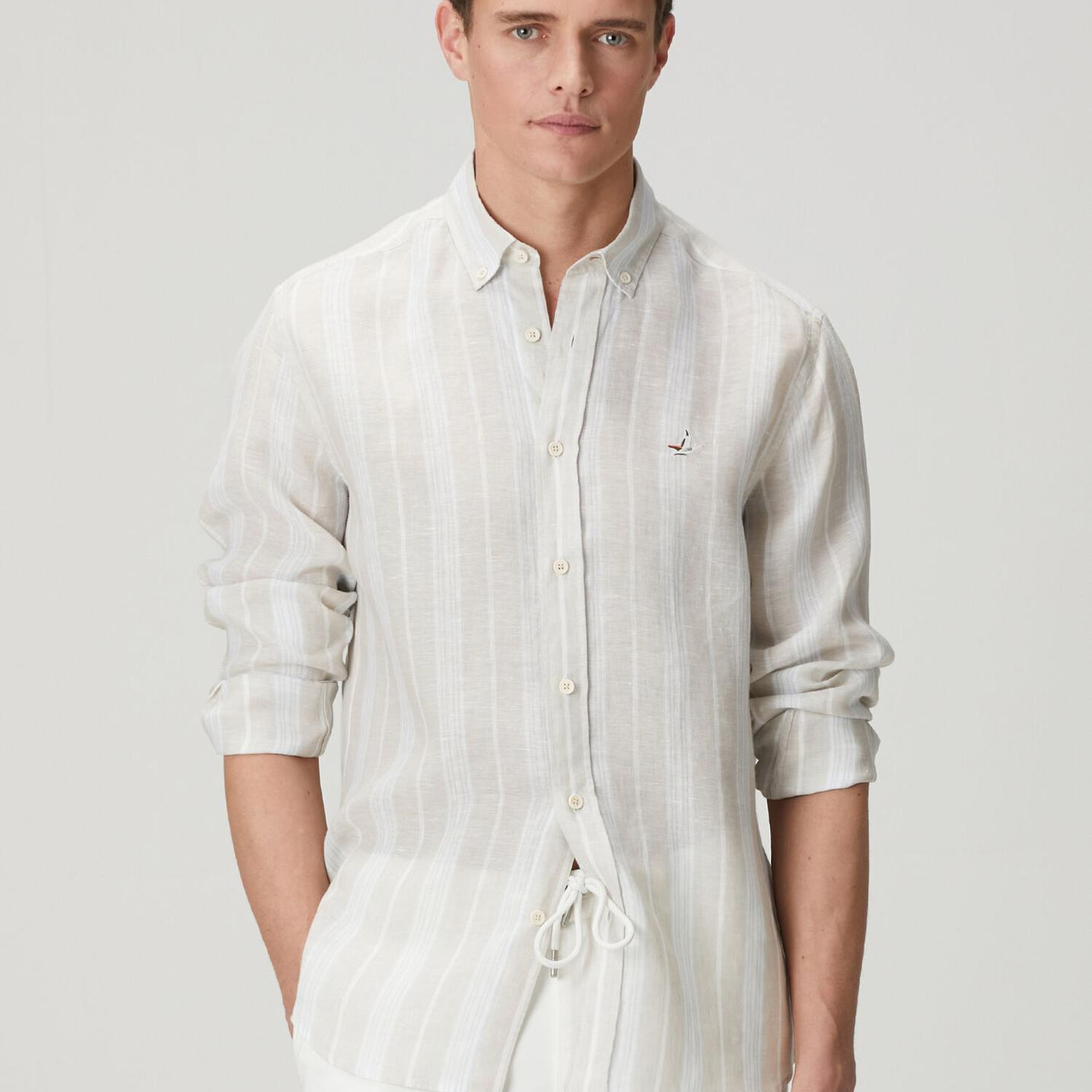 Beymen Club Erkek Comfort Fit Açık Haki Çizgi Desenli Keten Gömlek