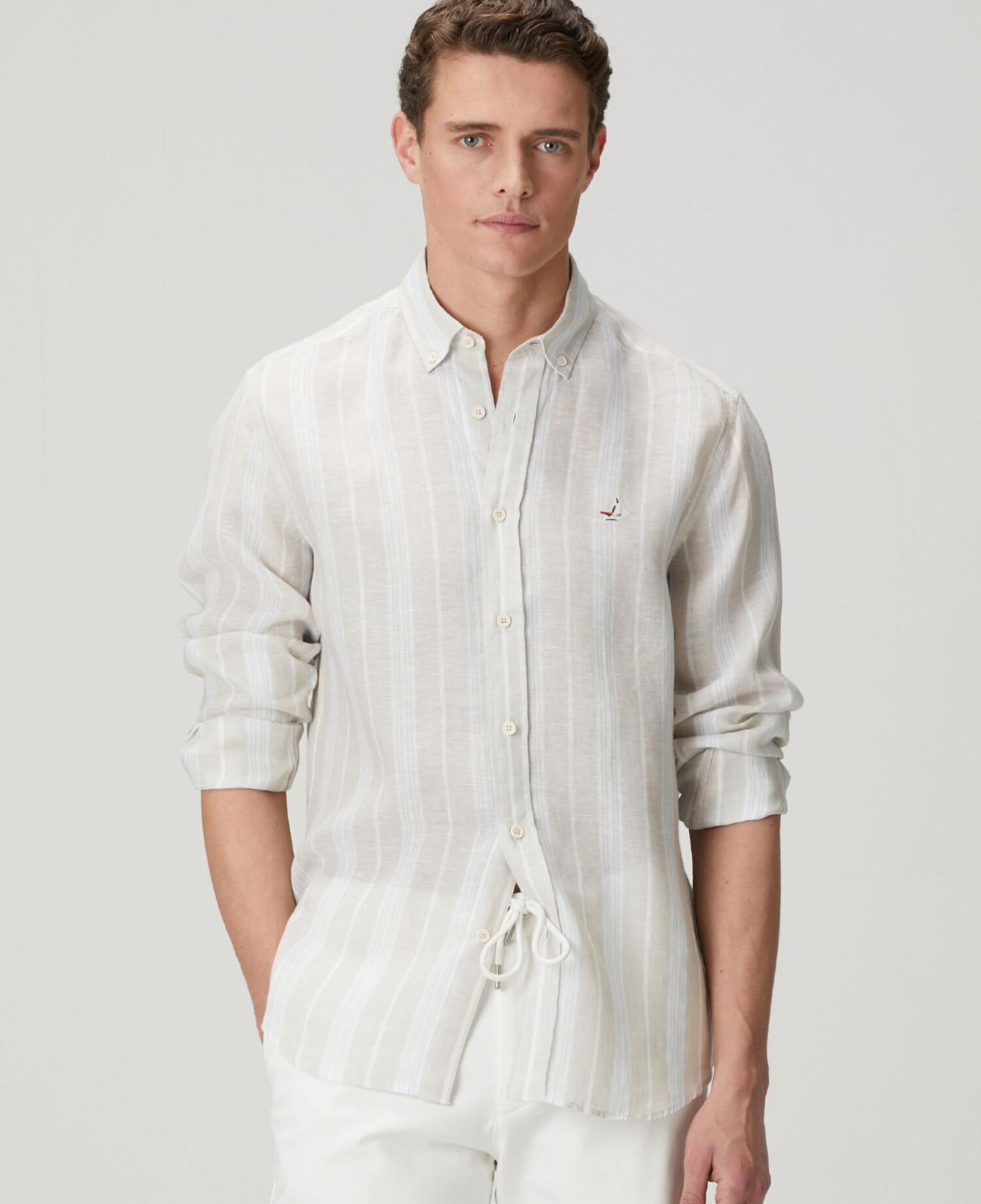 Beymen Club Erkek Comfort Fit Açık Haki Çizgi Desenli Keten Gömlek