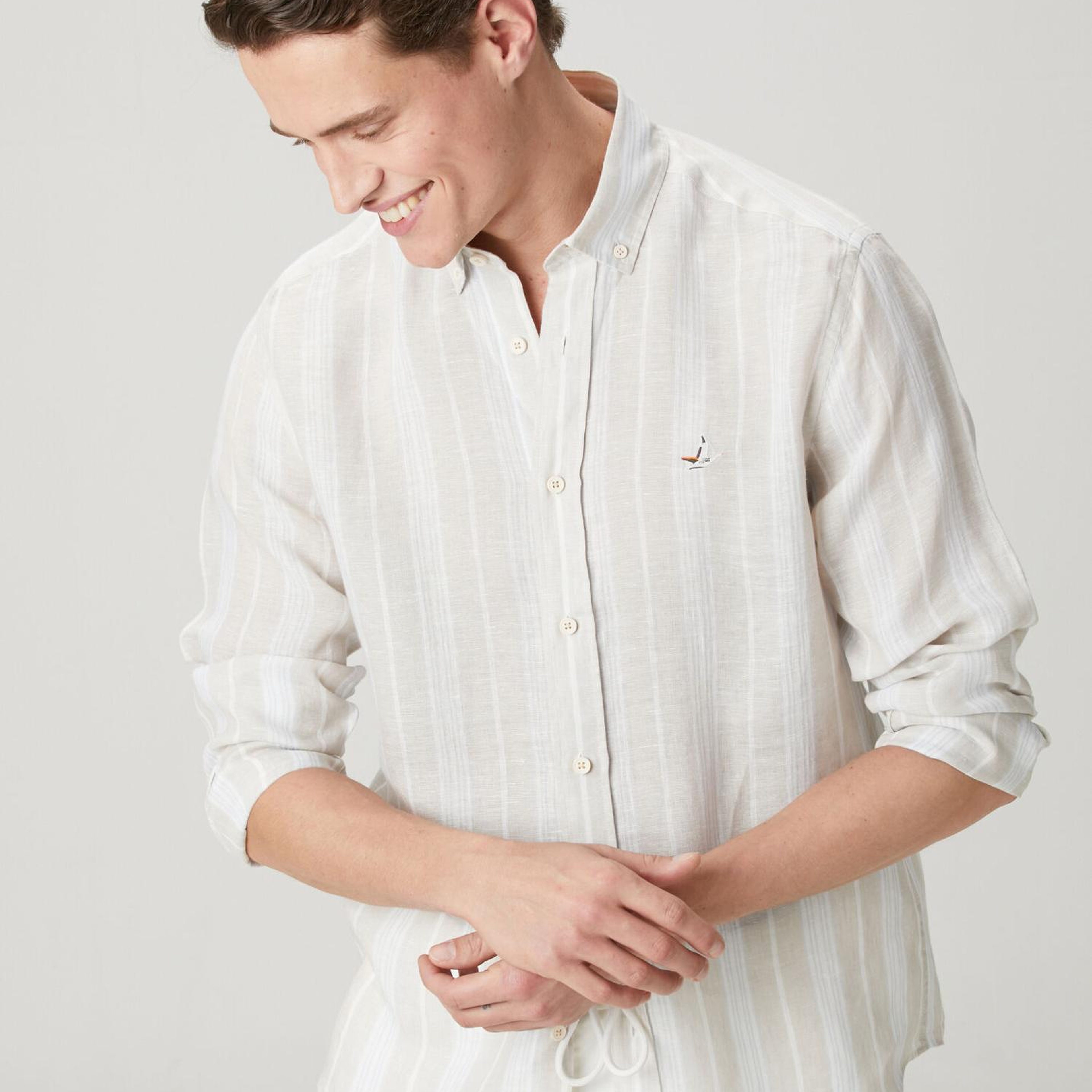 Beymen Club Erkek Comfort Fit Açık Haki Çizgi Desenli Keten Gömlek