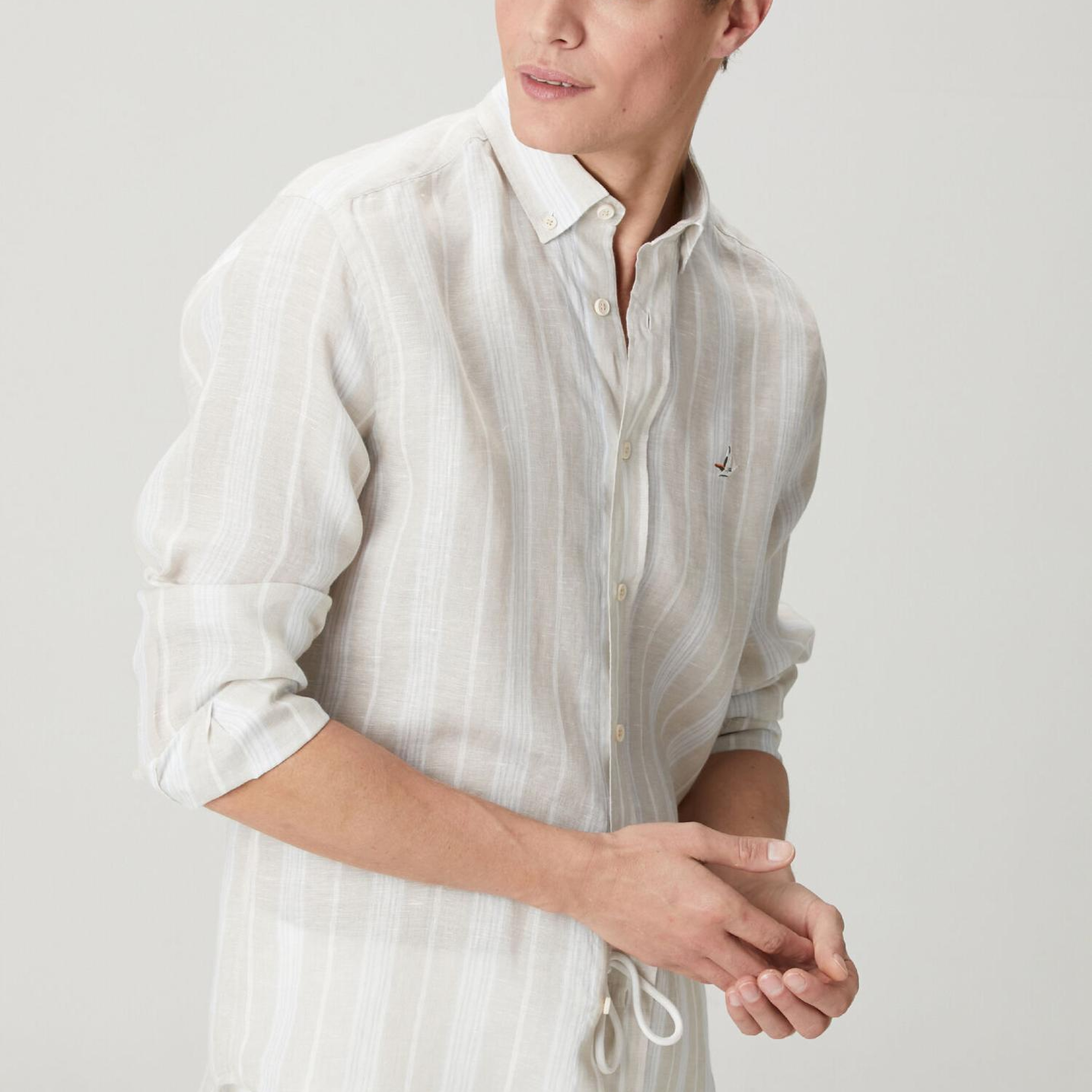 Beymen Club Erkek Comfort Fit Açık Haki Çizgi Desenli Keten Gömlek