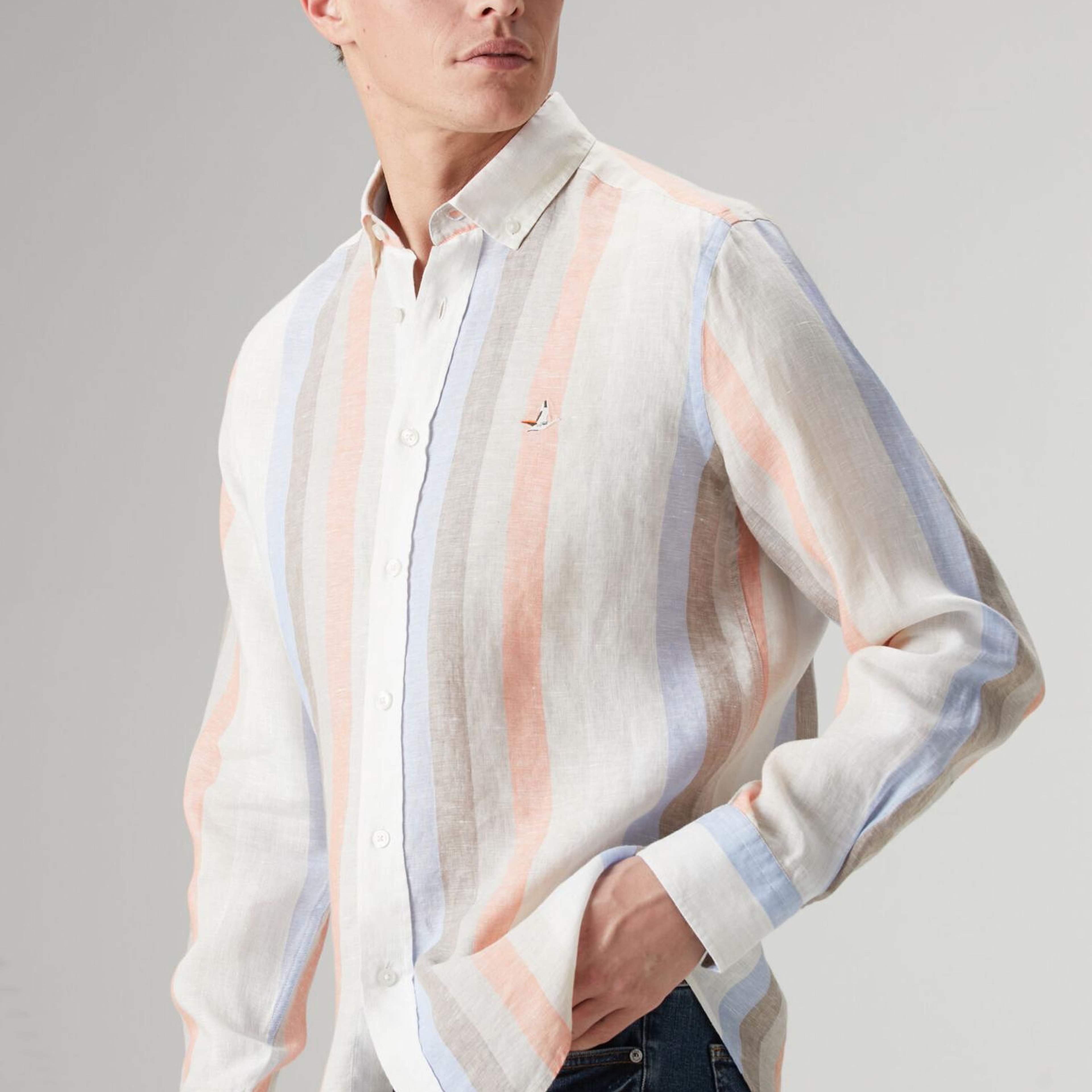 Beymen Club Erkek Comfort Fit Vizon Çizgi Desenli Keten Gömlek