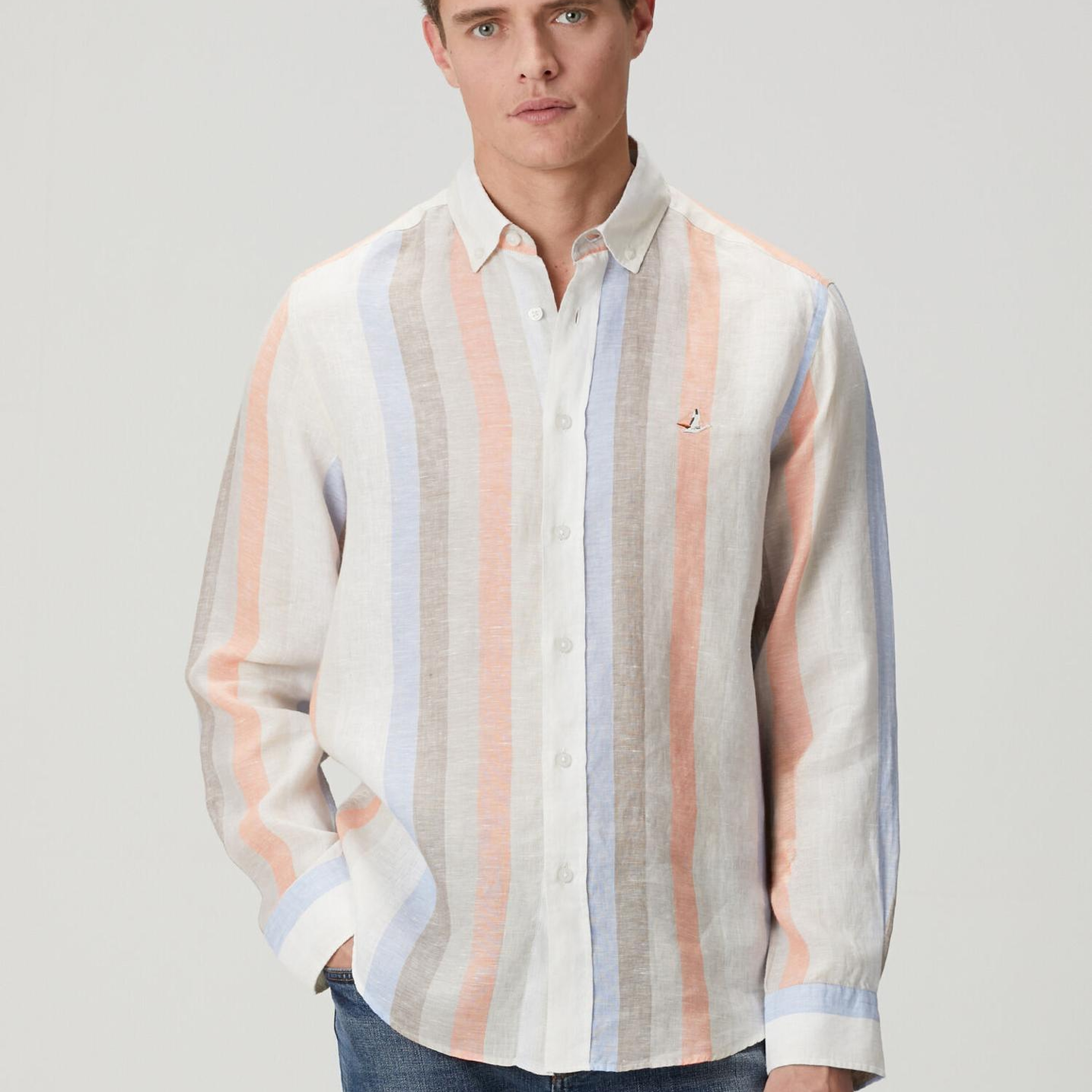 Beymen Club Erkek Comfort Fit Vizon Çizgi Desenli Keten Gömlek