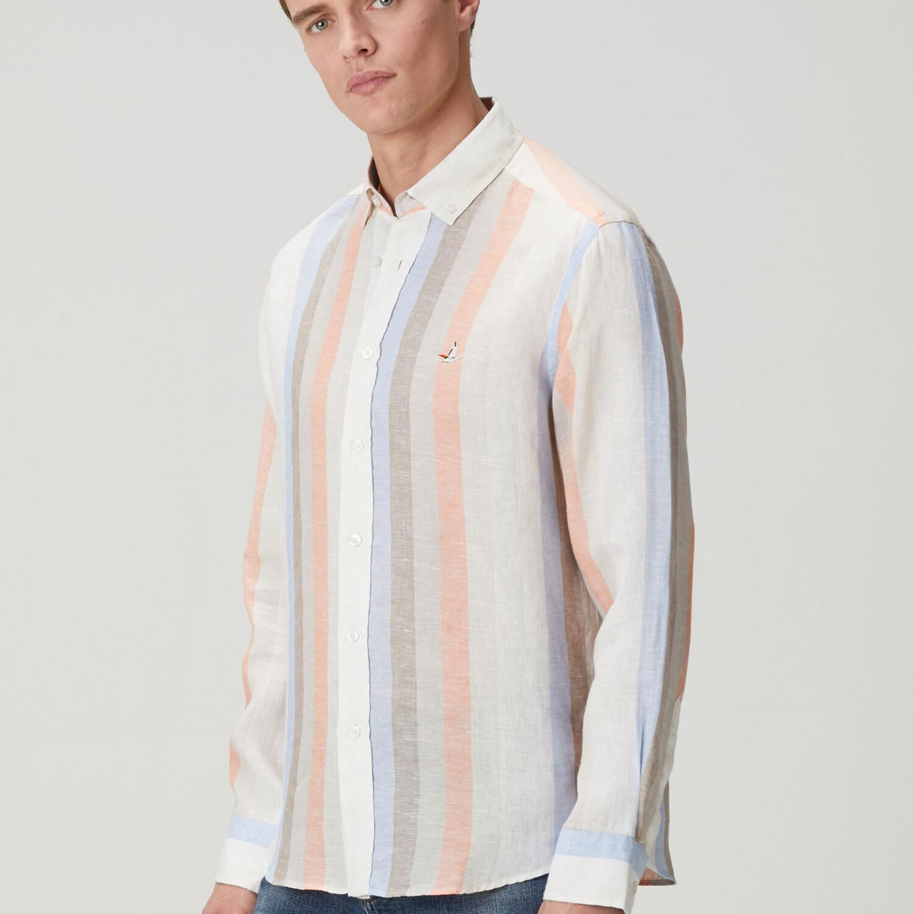Beymen Club Erkek Comfort Fit Vizon Çizgi Desenli Keten Gömlek