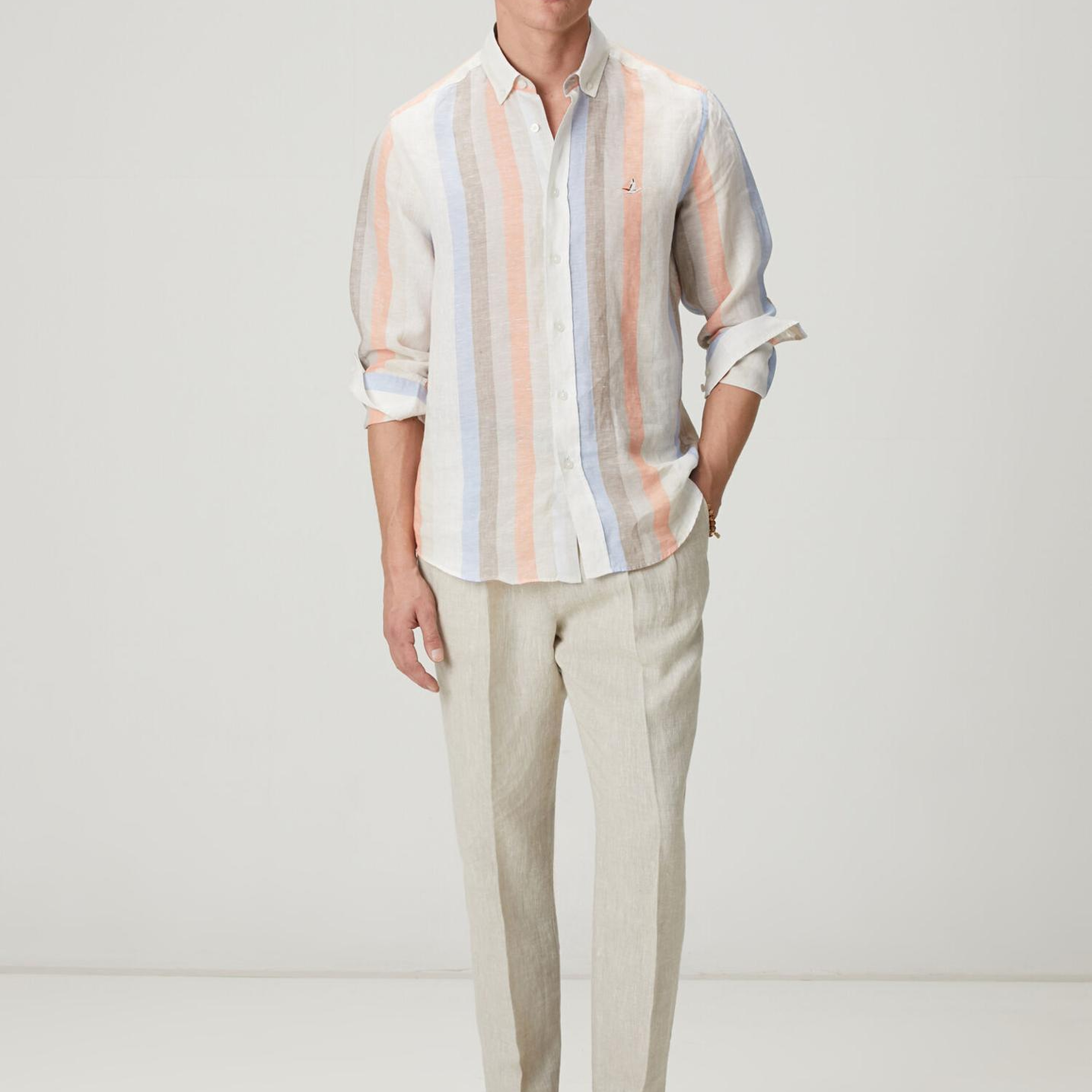 Beymen Club Erkek Comfort Fit Vizon Çizgi Desenli Keten Gömlek