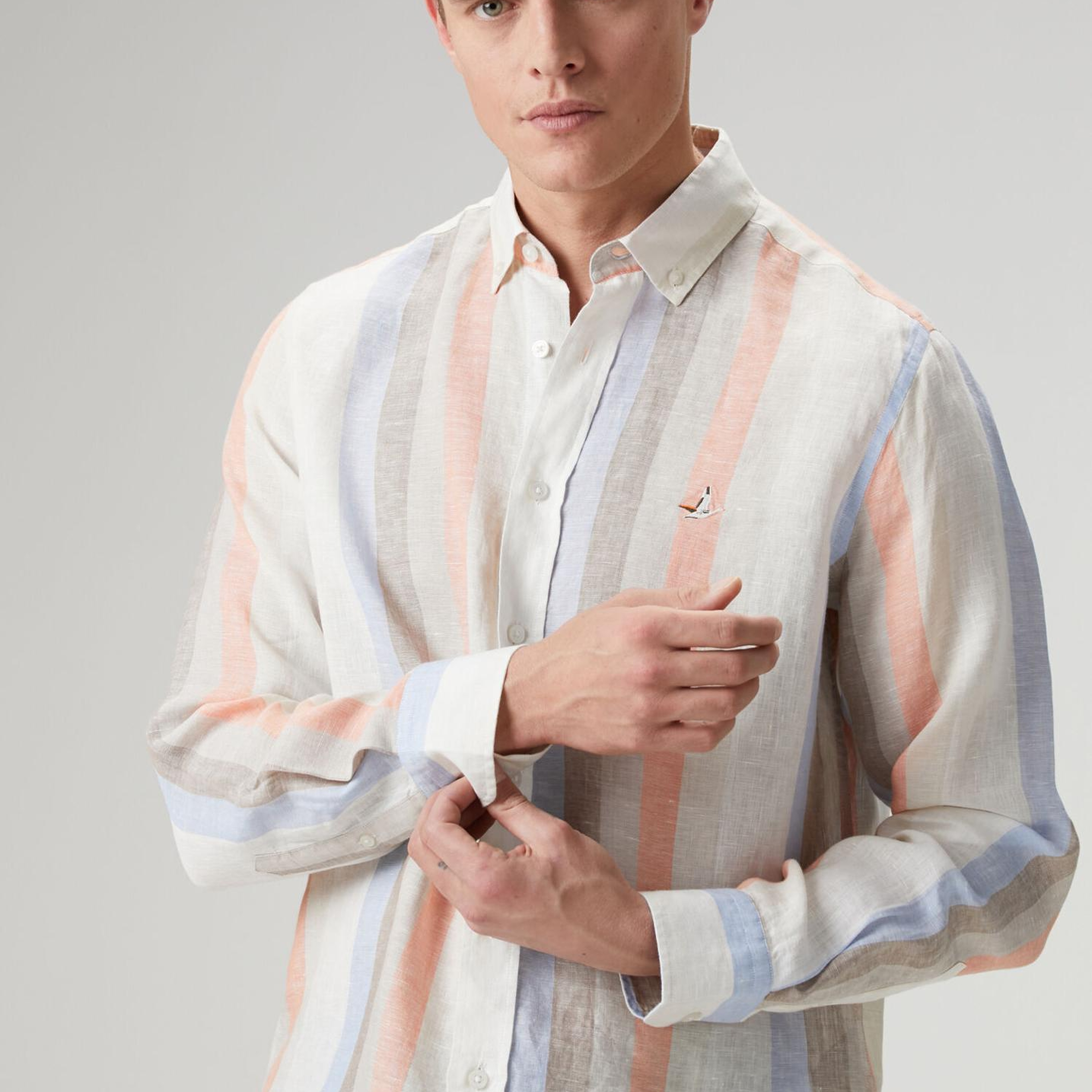 Beymen Club Erkek Comfort Fit Vizon Çizgi Desenli Keten Gömlek