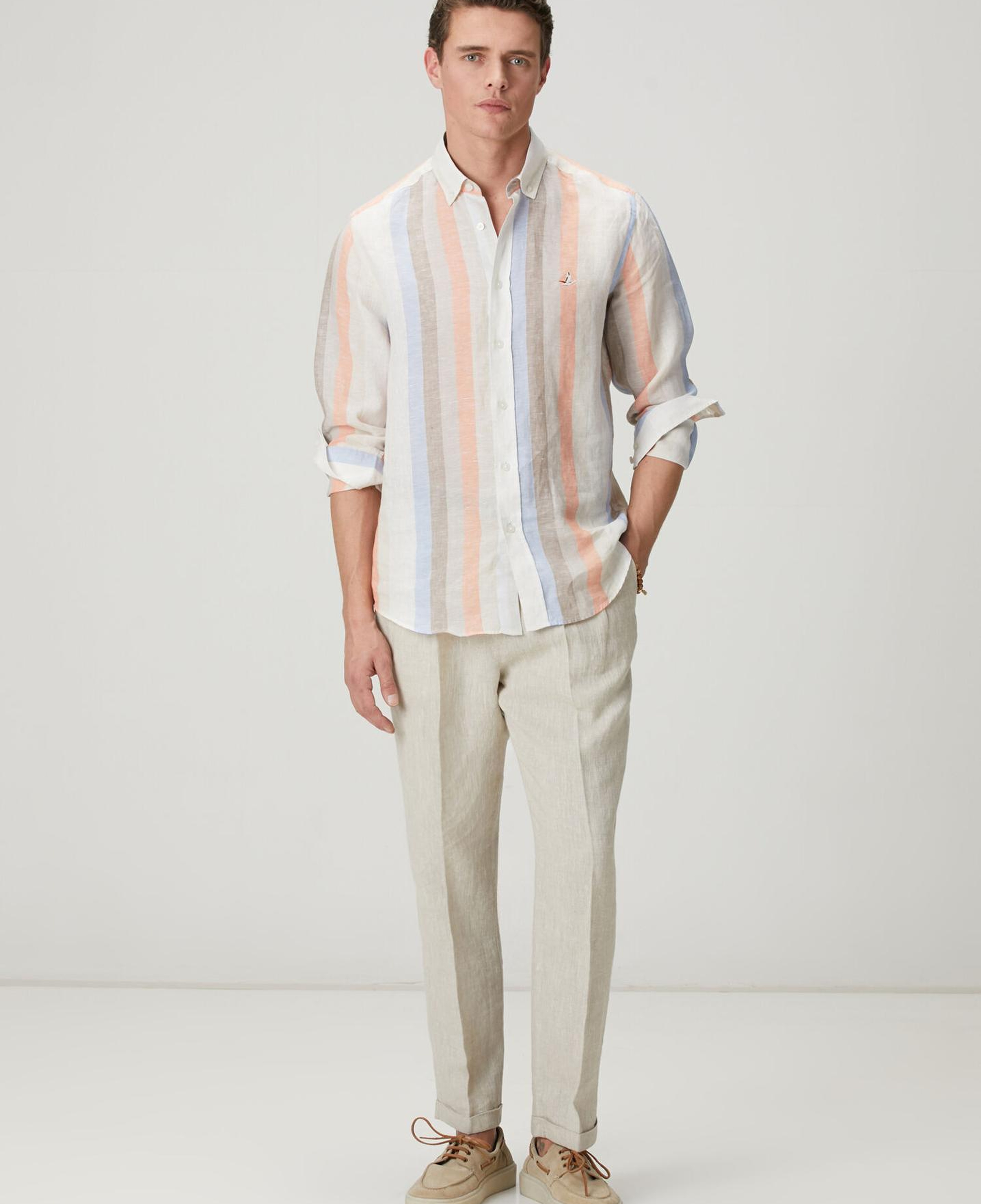 Beymen Club Erkek Comfort Fit Vizon Çizgi Desenli Keten Gömlek