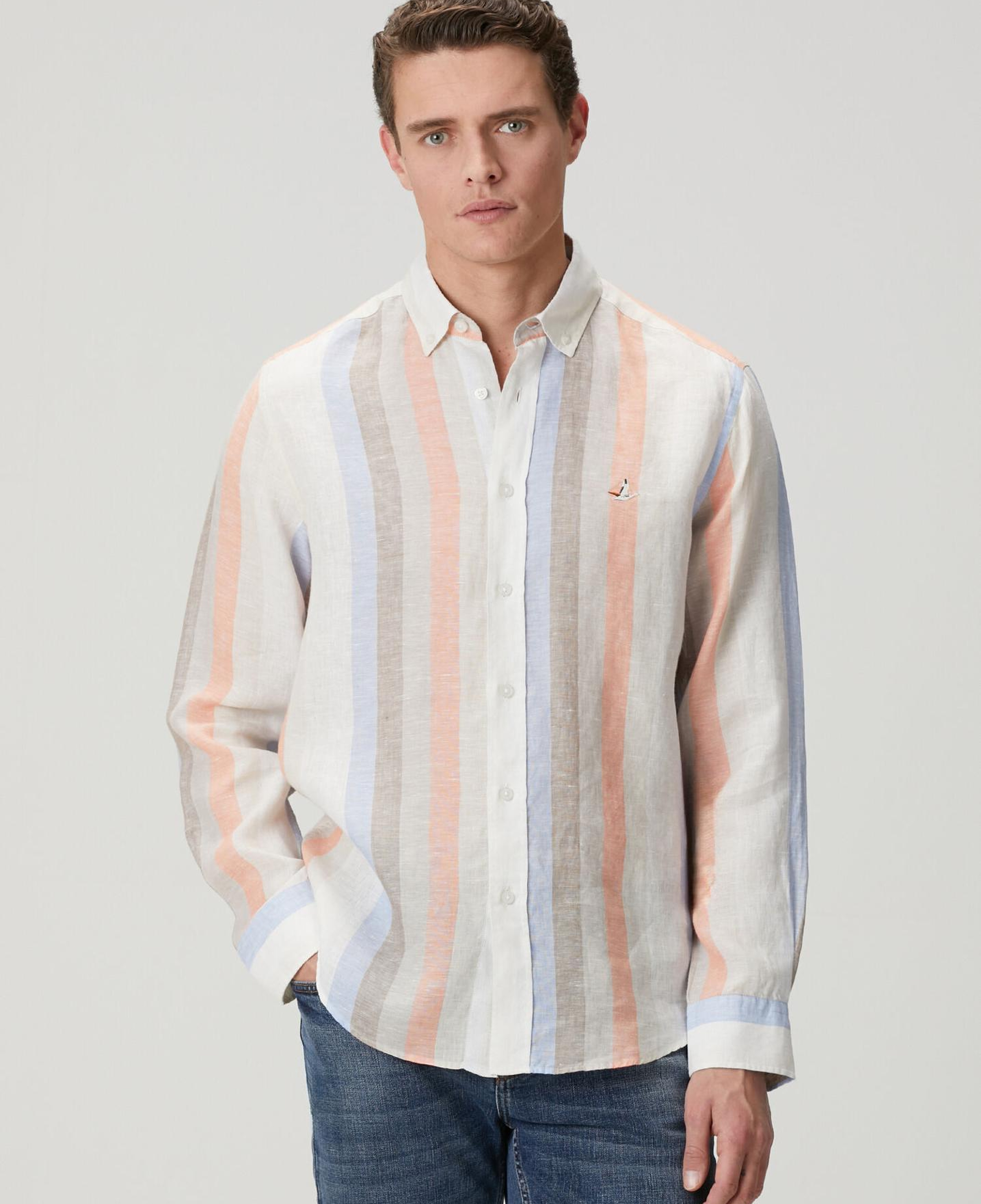 Beymen Club Erkek Comfort Fit Vizon Çizgi Desenli Keten Gömlek