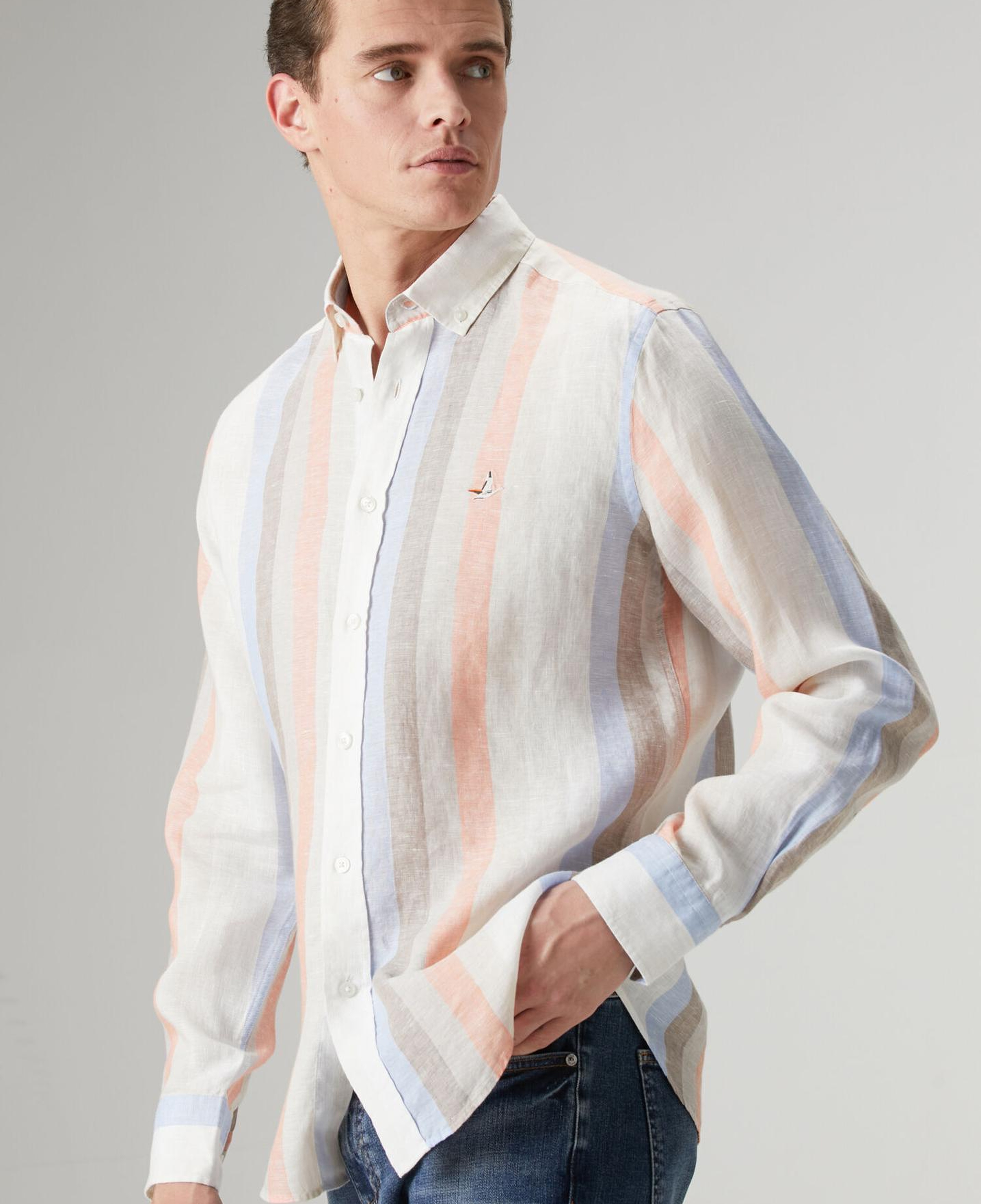 Beymen Club Erkek Comfort Fit Vizon Çizgi Desenli Keten Gömlek