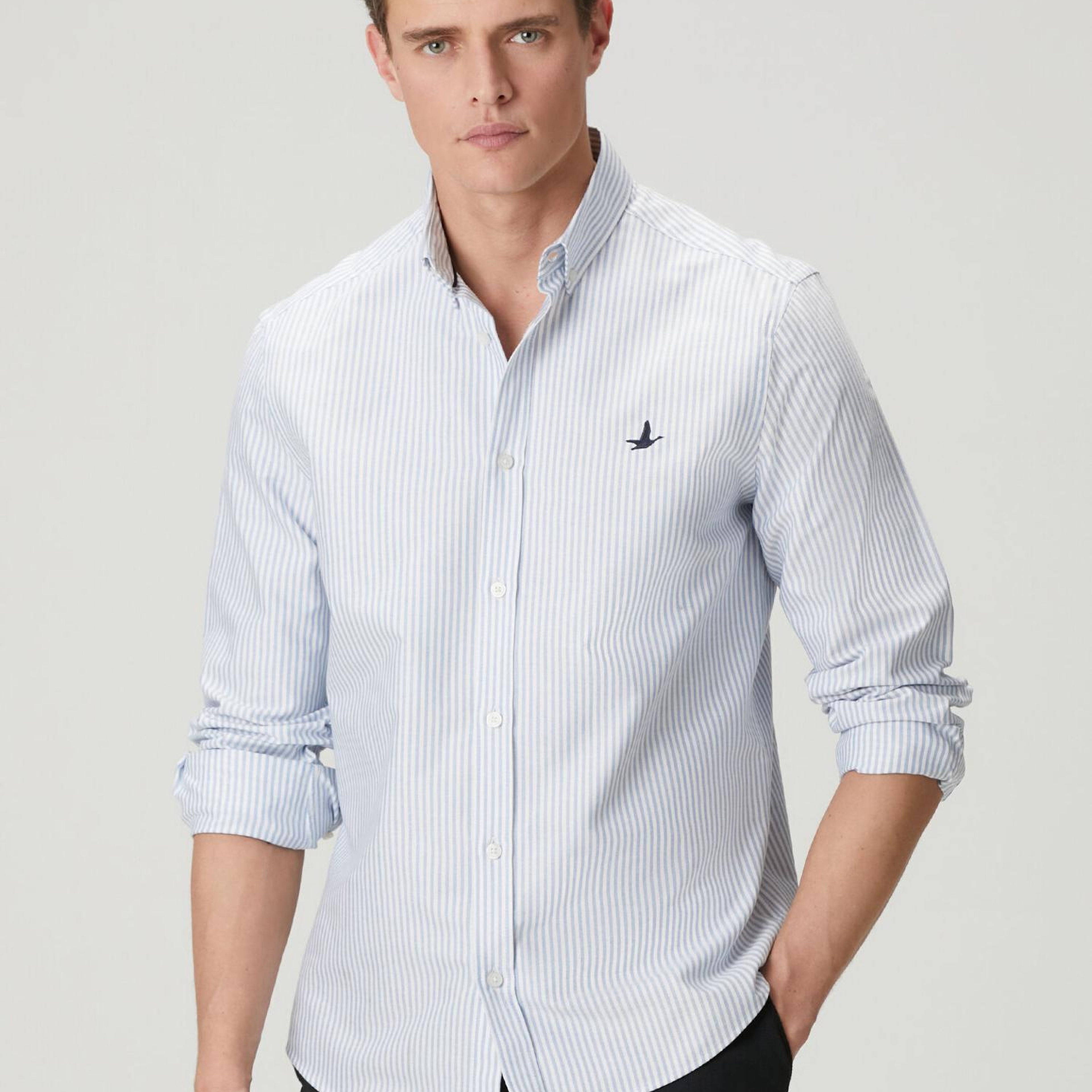 Beymen Club Erkek Comfort Fit Mavi Beyaz Çizgi Desenli Oxford Gömlek