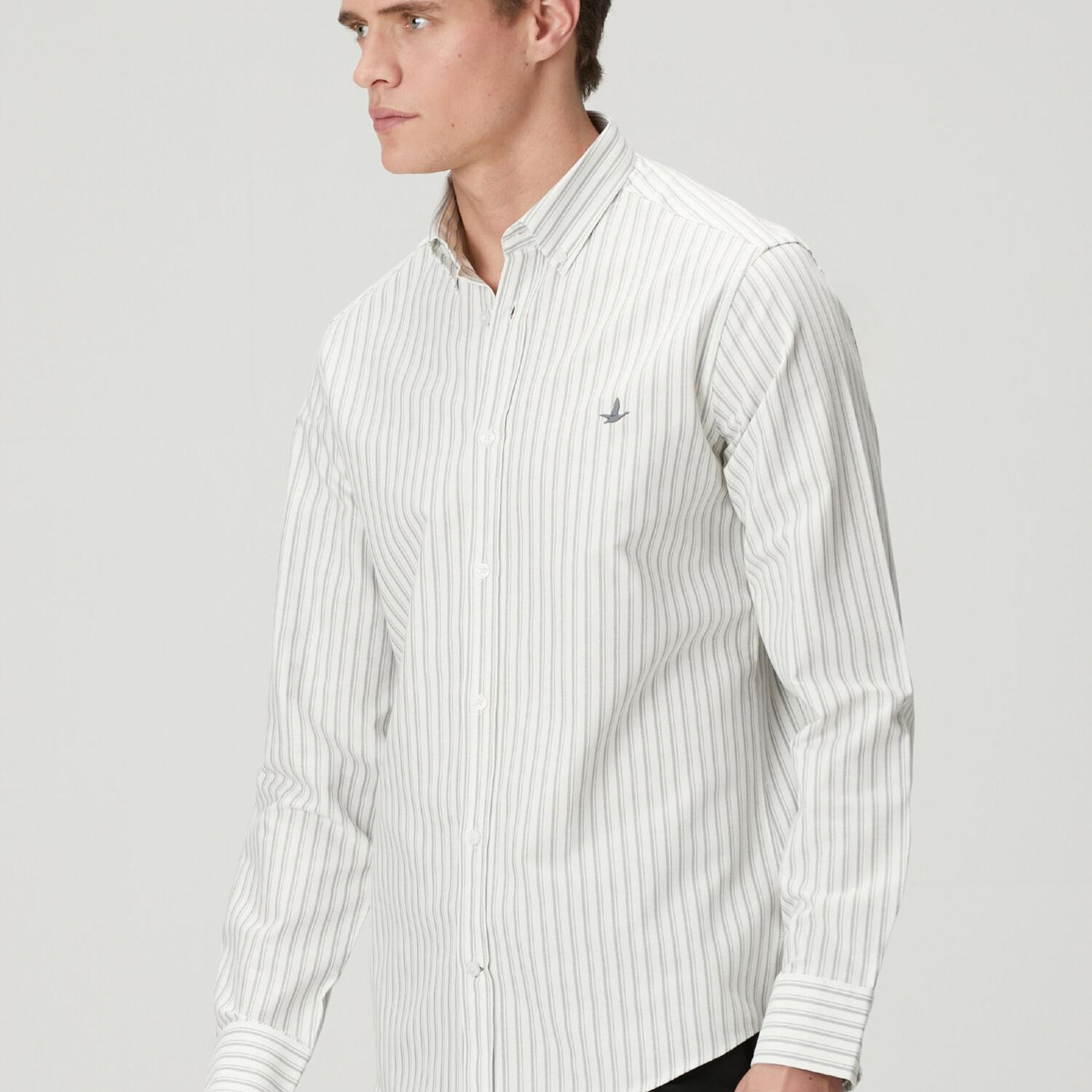 Beymen Club Erkek Comfort Fit Beyaz Gri Çizgi Desenli Oxford Gömlek