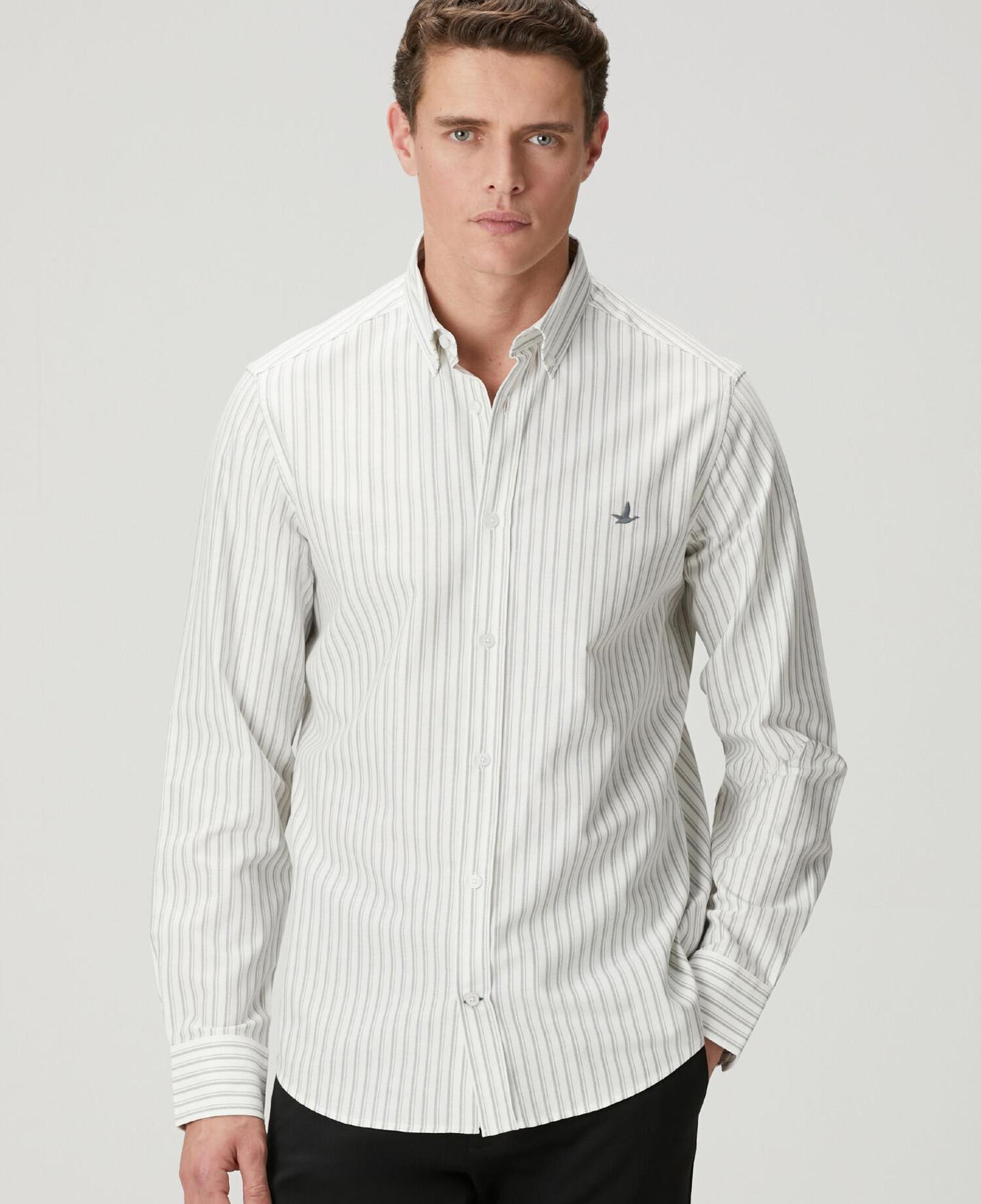 Beymen Club Erkek Comfort Fit Beyaz Gri Çizgi Desenli Oxford Gömlek