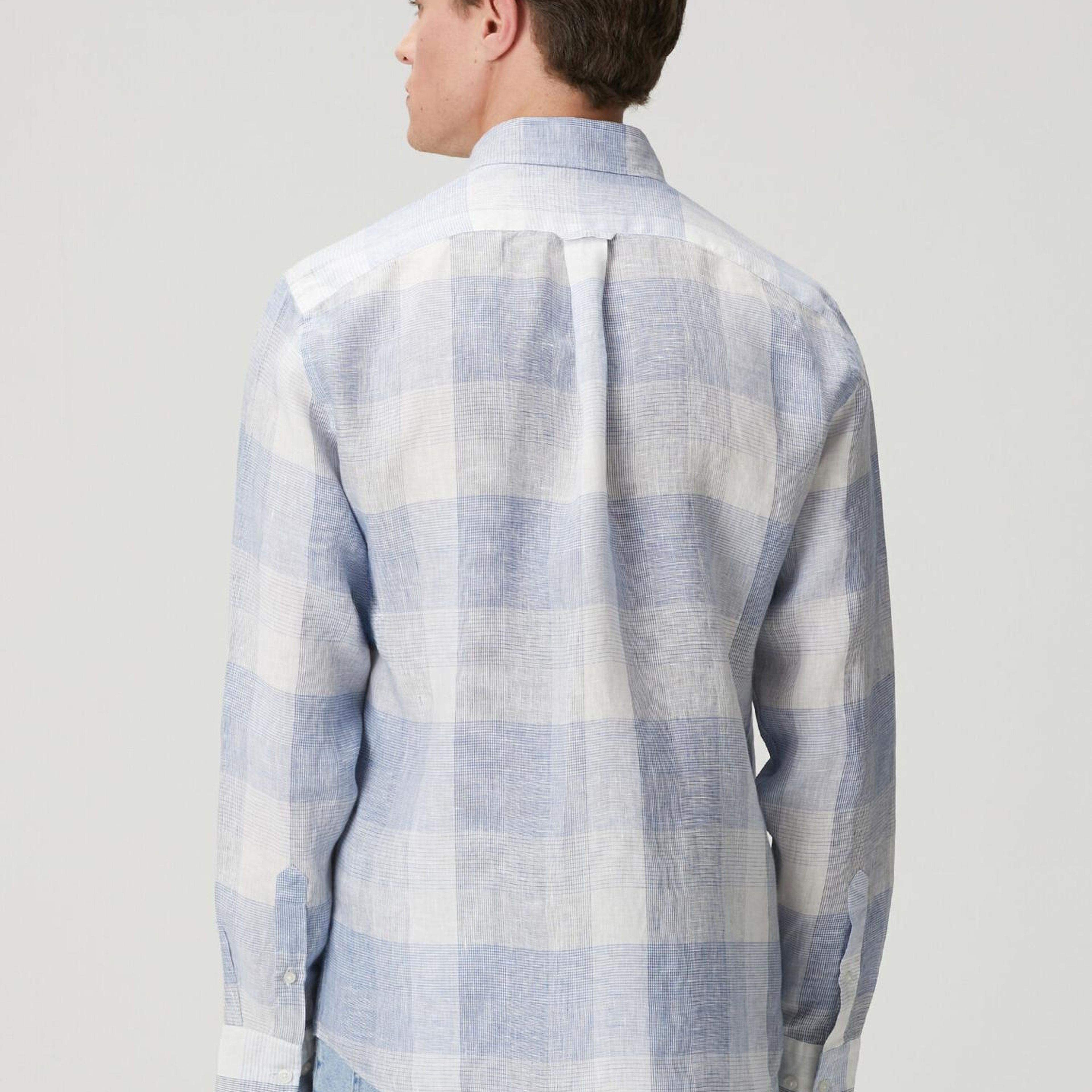 Beymen Club Erkek Comfort Fit Mavi Ekose Desenli Keten Gömlek