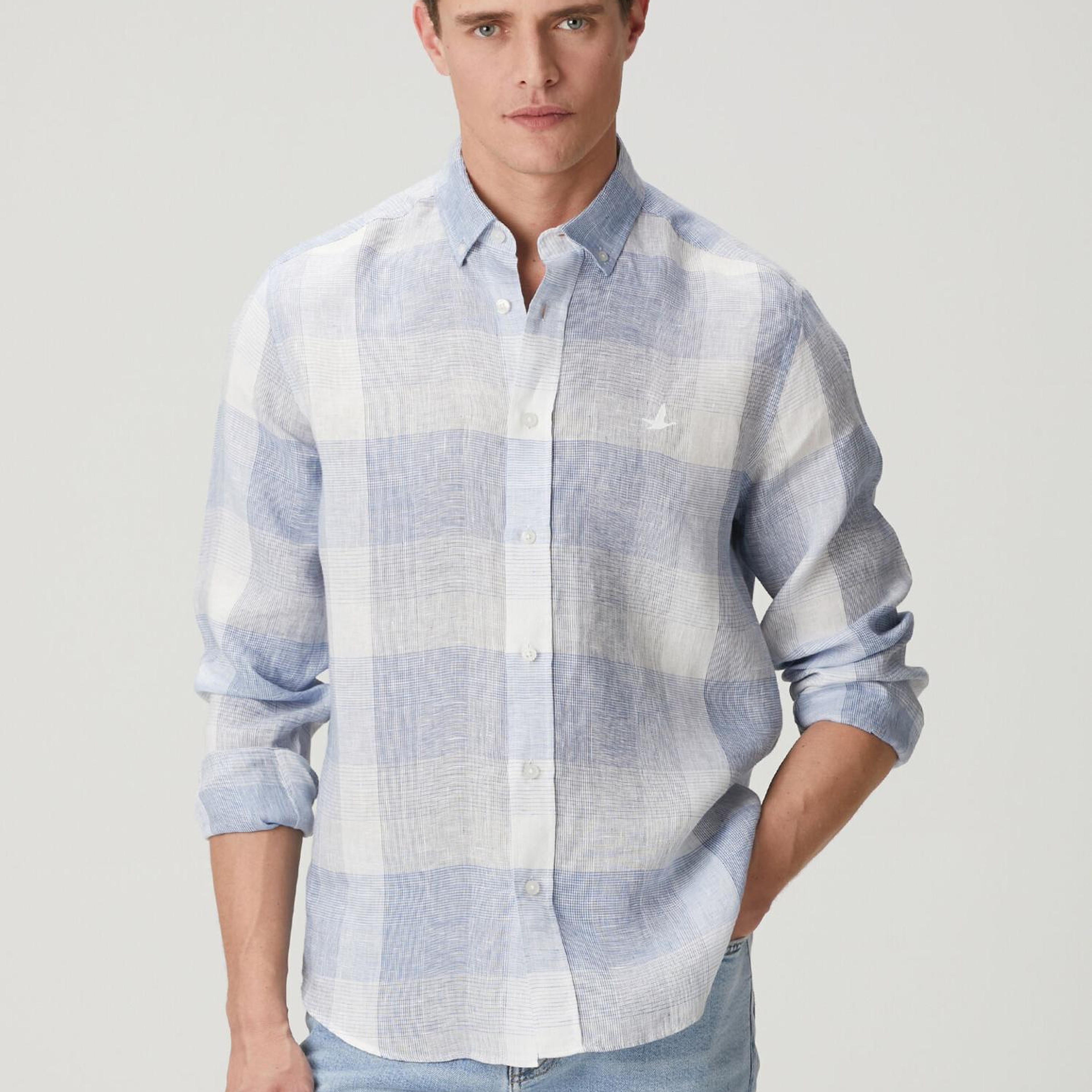 Beymen Club Erkek Comfort Fit Mavi Ekose Desenli Keten Gömlek