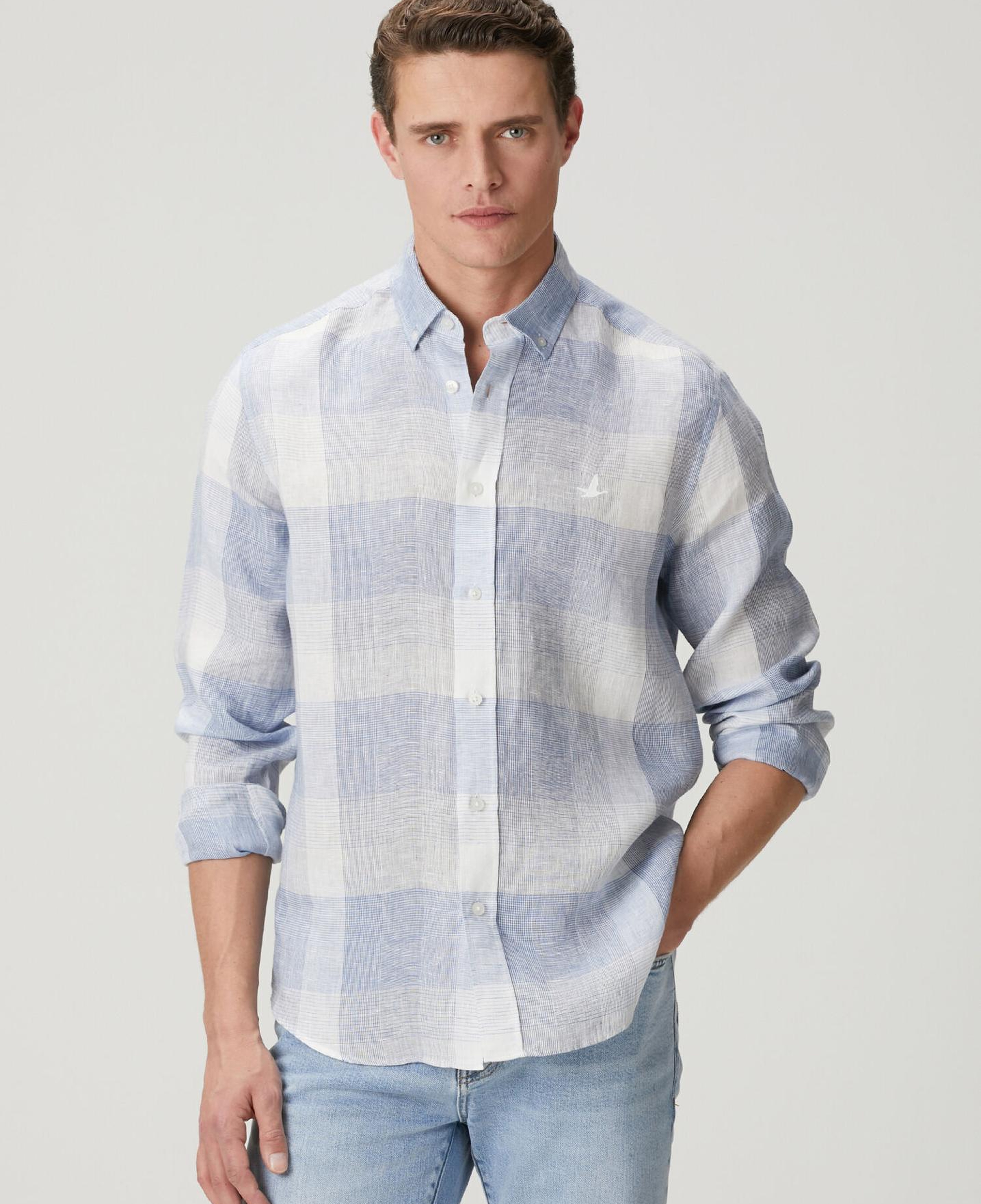 Beymen Club Erkek Comfort Fit Mavi Ekose Desenli Keten Gömlek