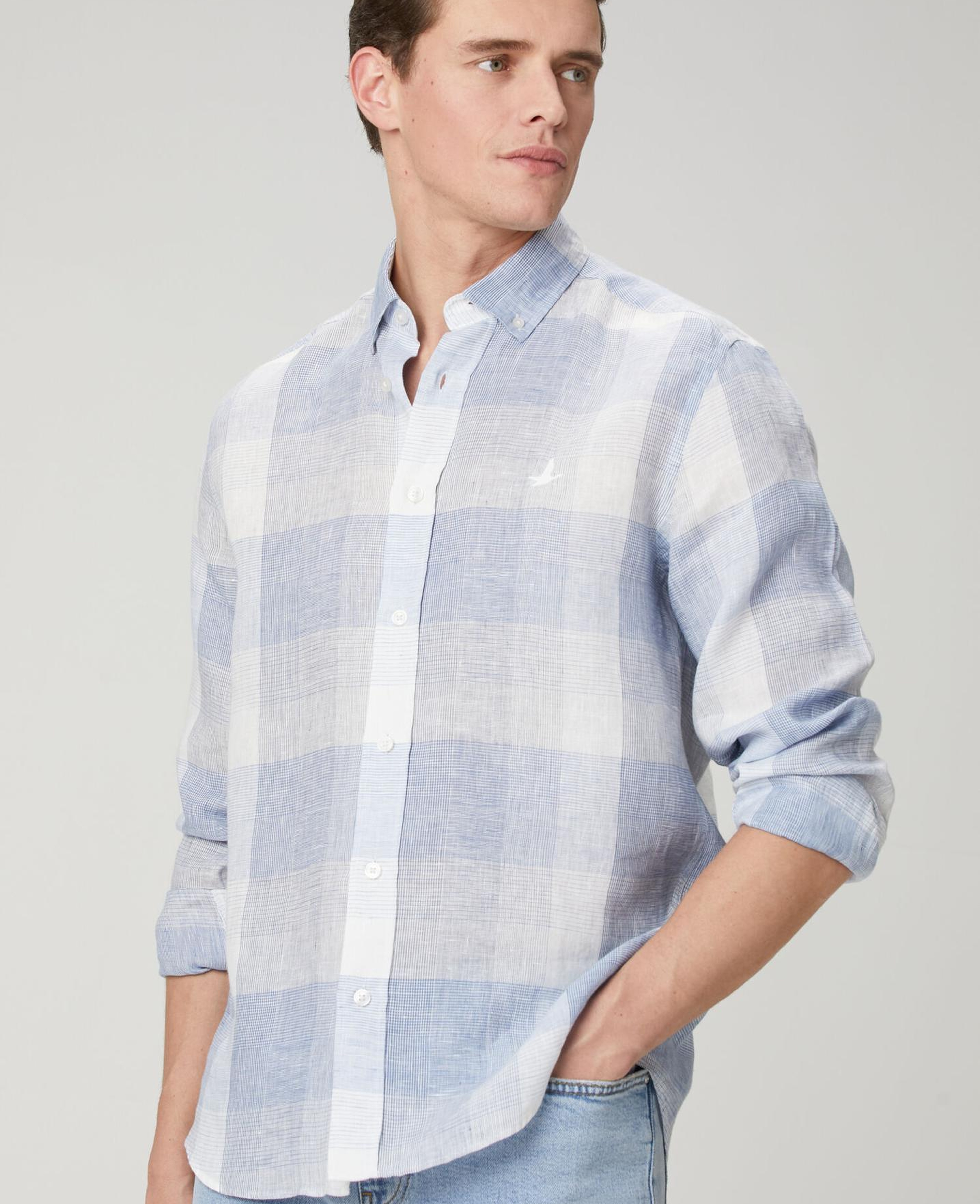 Beymen Club Erkek Comfort Fit Mavi Ekose Desenli Keten Gömlek