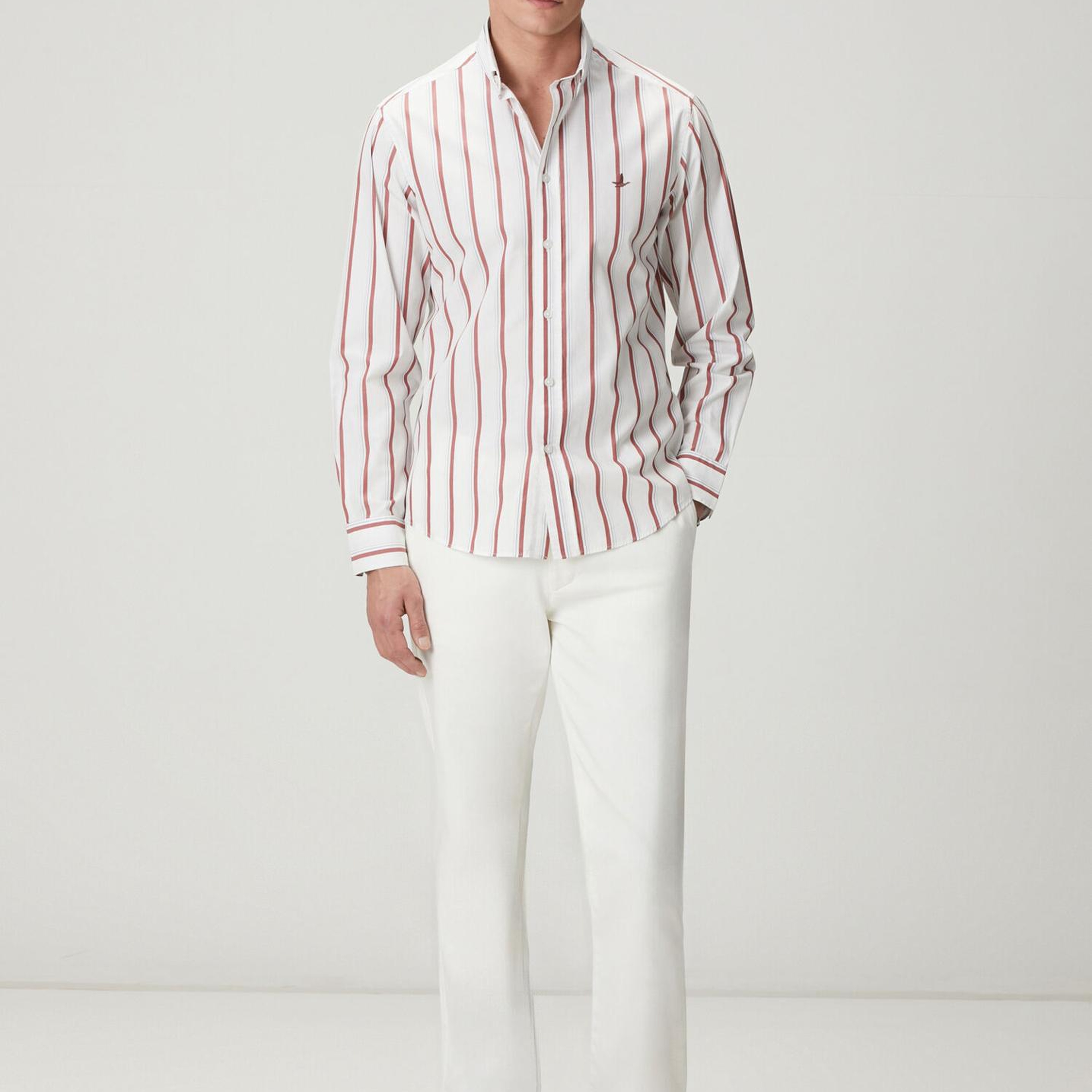 Beymen Club Erkek Comfort Fit Beyaz Bordo Çizgi Desenli Keten Gömlek