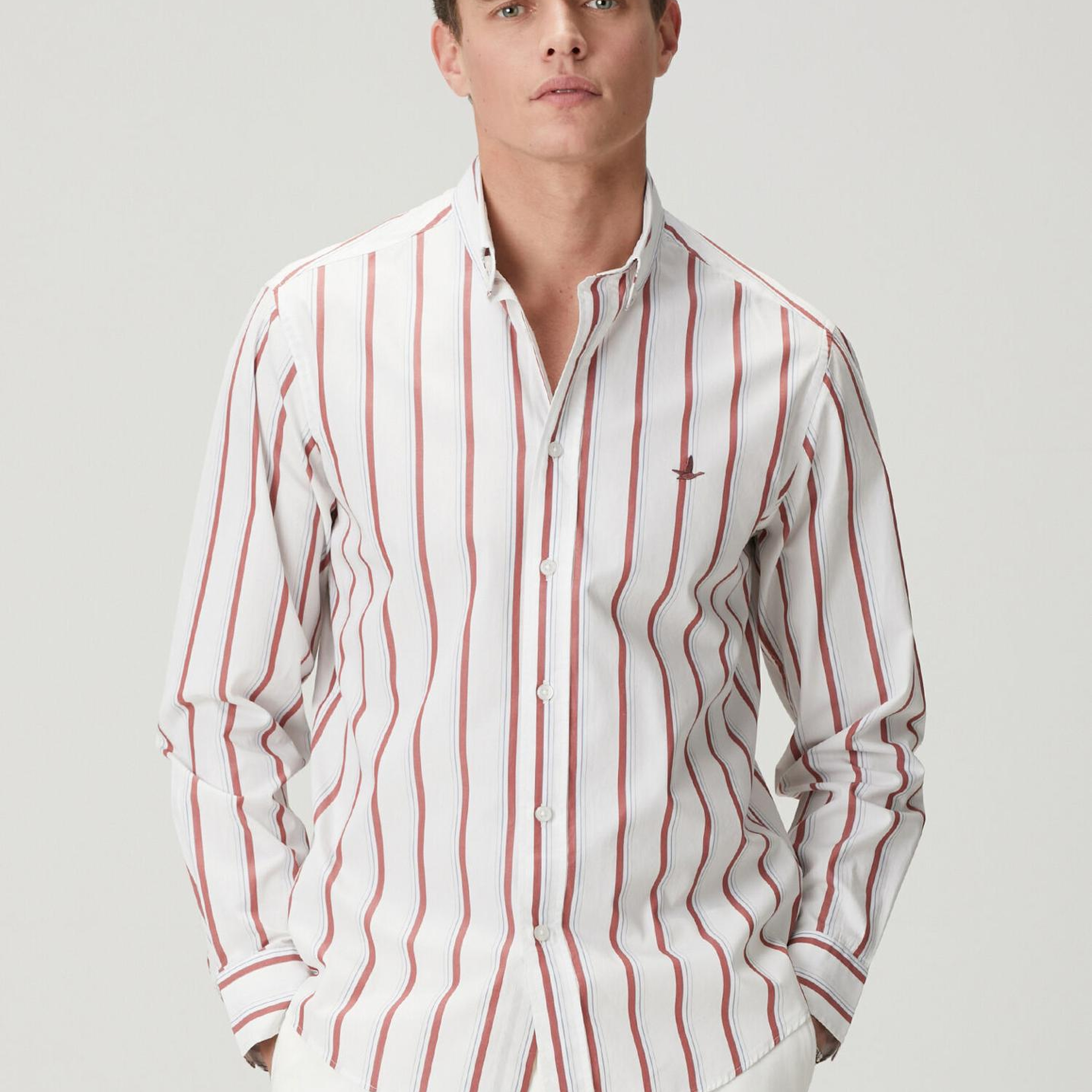 Beymen Club Erkek Comfort Fit Beyaz Bordo Çizgi Desenli Keten Gömlek