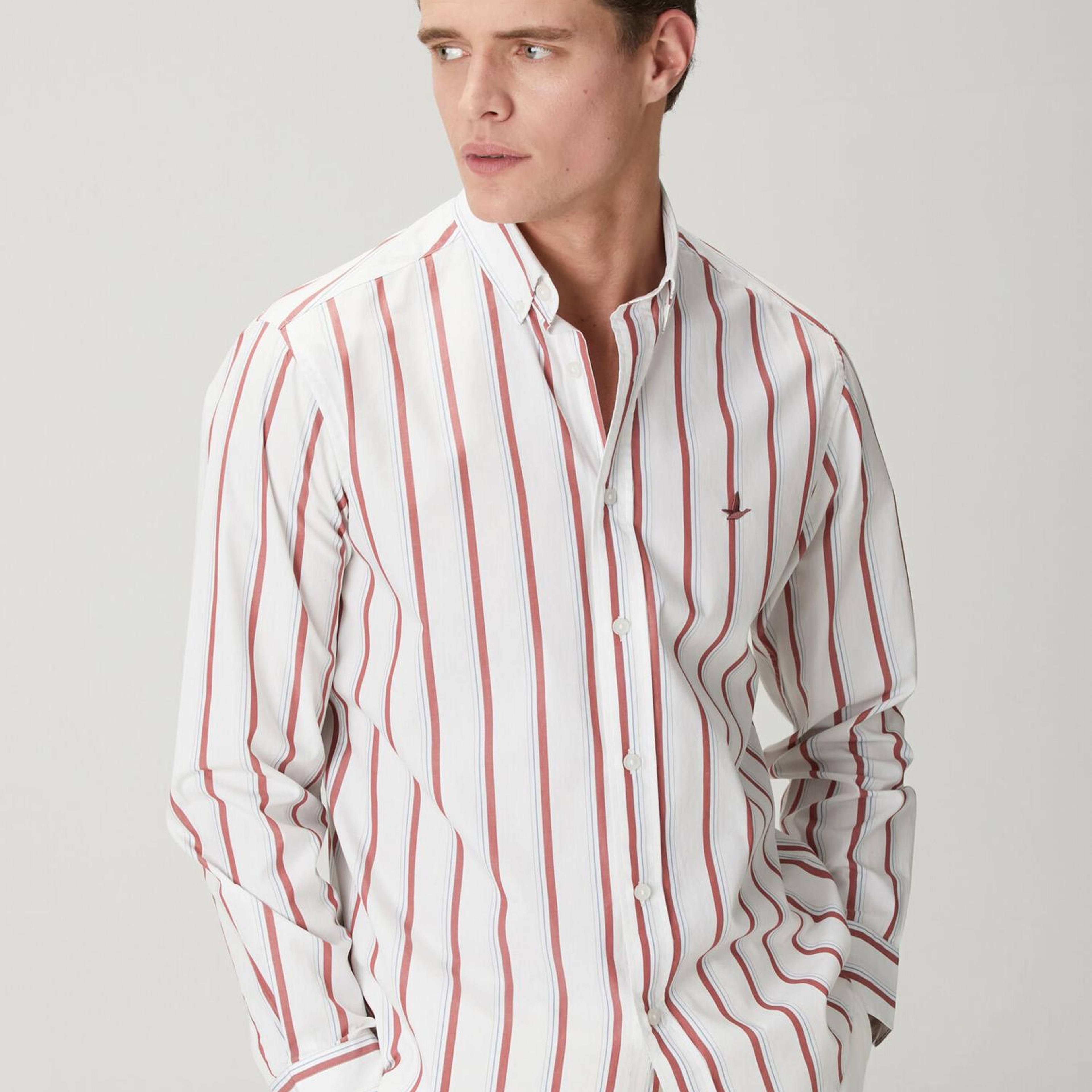 Beymen Club Erkek Comfort Fit Beyaz Bordo Çizgi Desenli Keten Gömlek