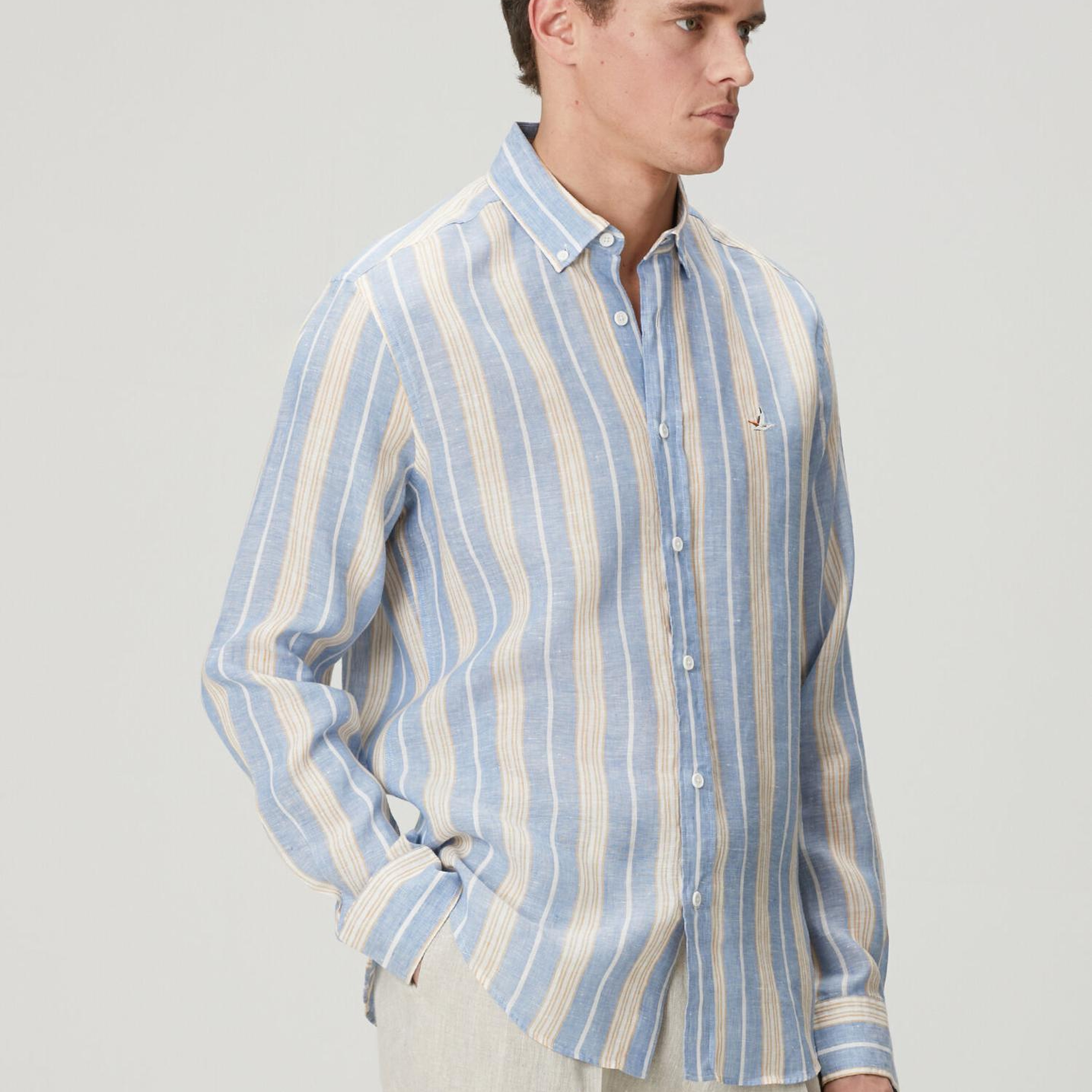 Beymen Club Erkek Comfort Fit Mavi Çizgi Desenli Keten Gömlek