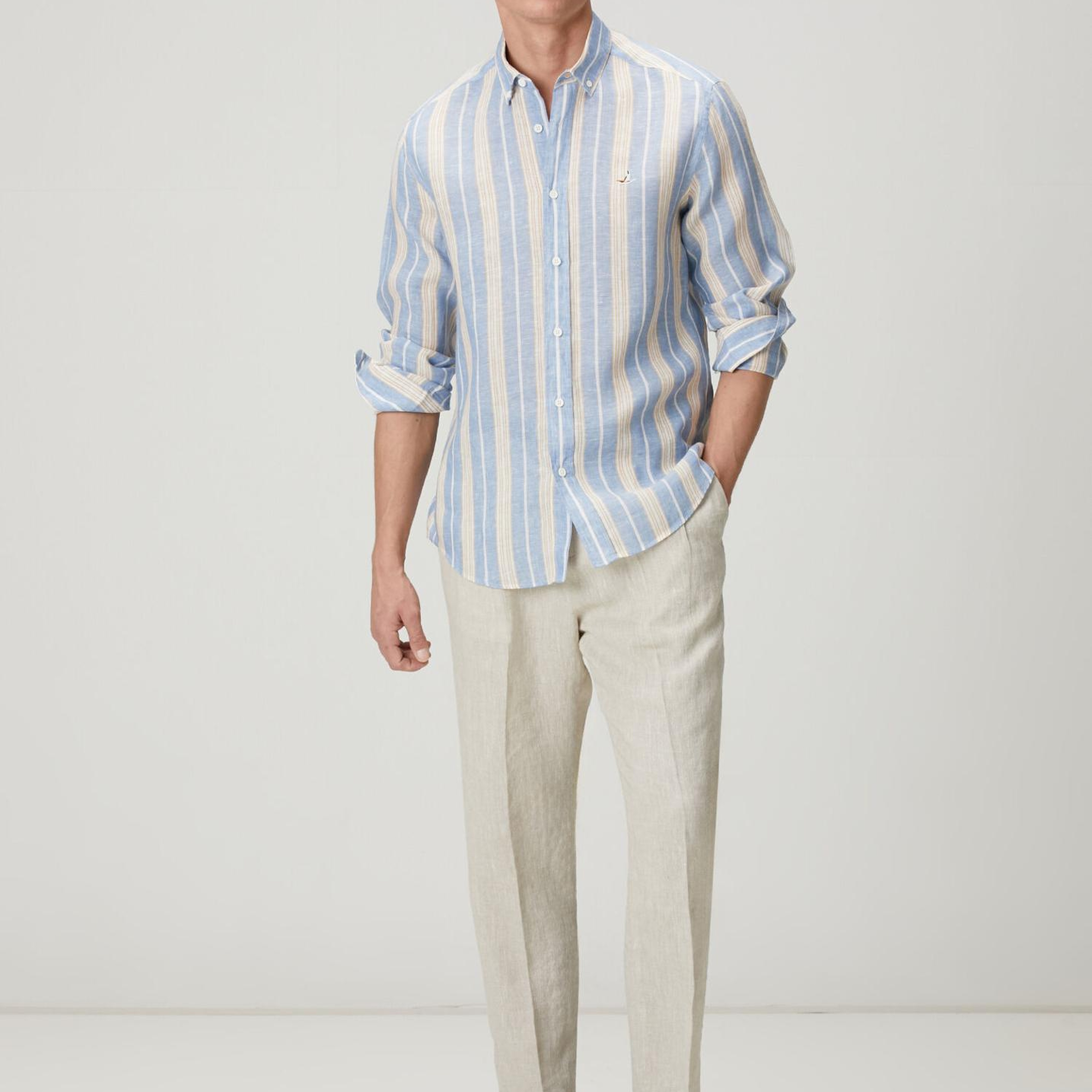 Beymen Club Erkek Comfort Fit Mavi Çizgi Desenli Keten Gömlek