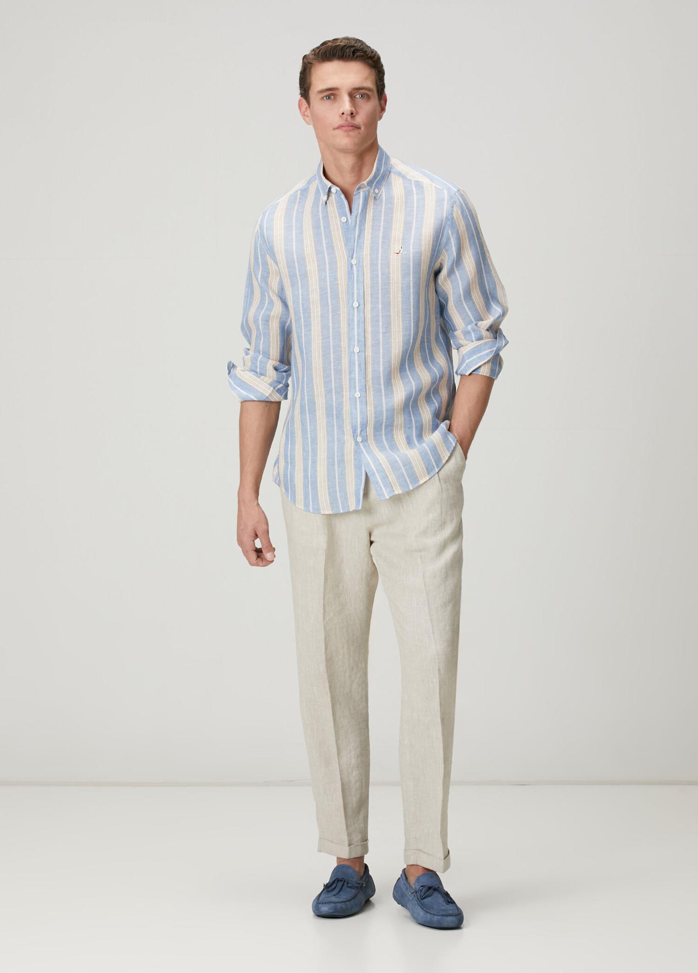 Beymen Club Erkek Comfort Fit Mavi Çizgi Desenli Keten Gömlek