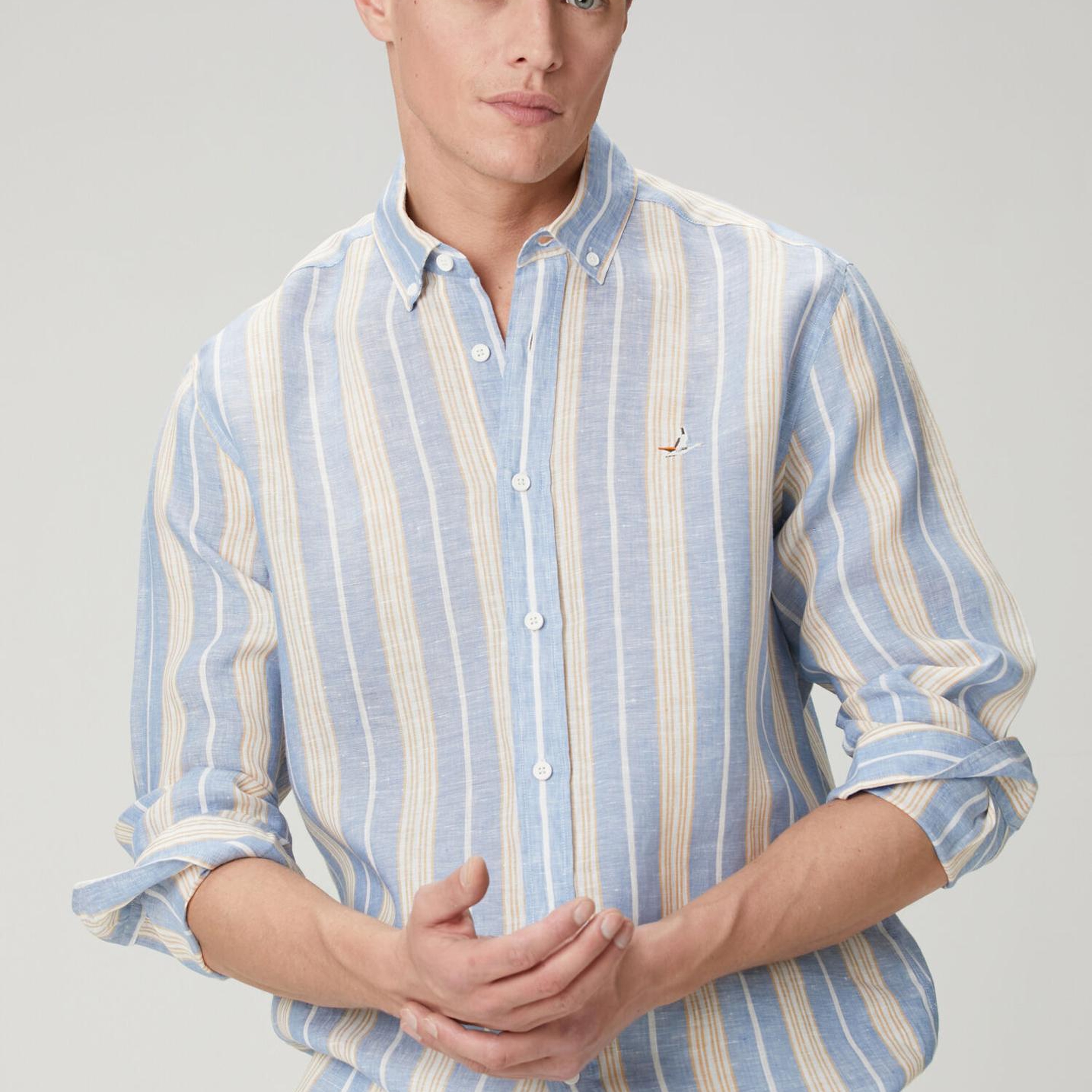 Beymen Club Erkek Comfort Fit Mavi Çizgi Desenli Keten Gömlek