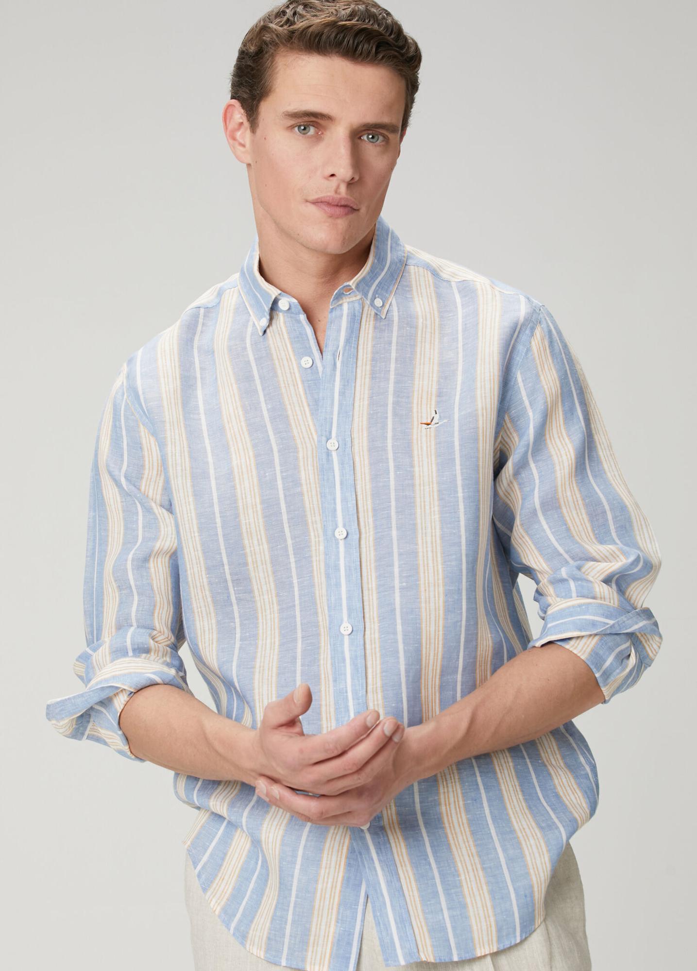 Beymen Club Erkek Comfort Fit Mavi Çizgi Desenli Keten Gömlek