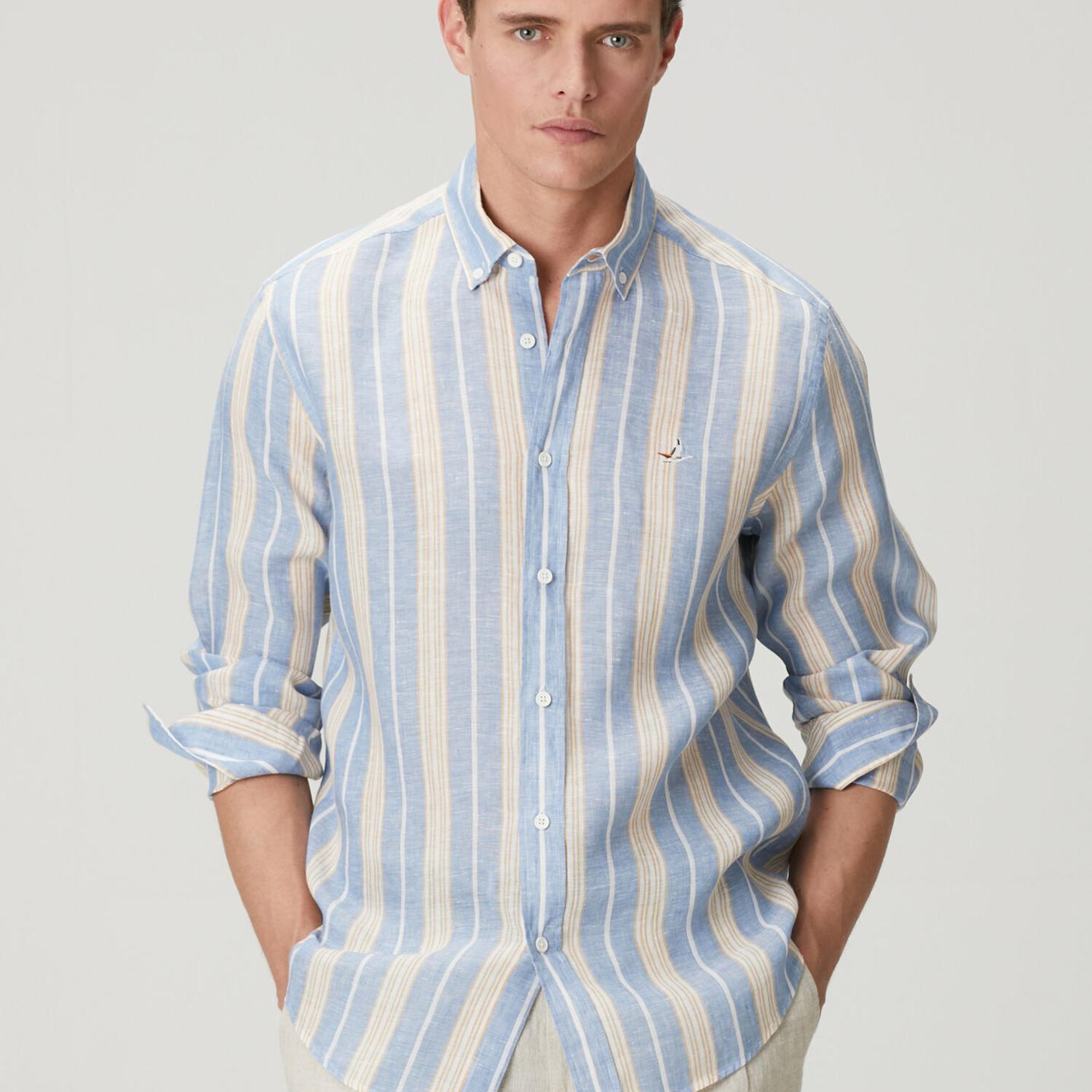 Beymen Club Erkek Comfort Fit Mavi Çizgi Desenli Keten Gömlek
