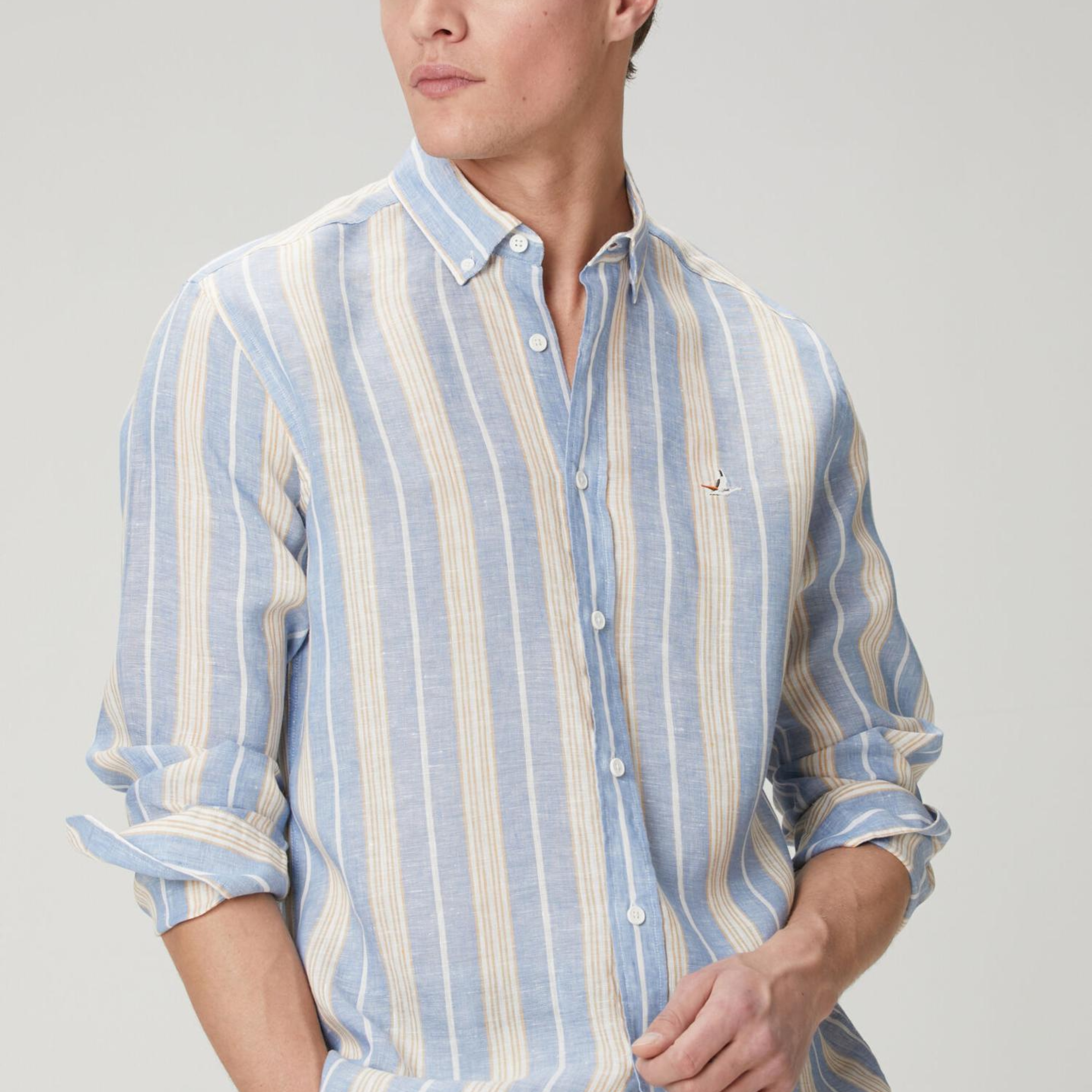 Beymen Club Erkek Comfort Fit Mavi Çizgi Desenli Keten Gömlek