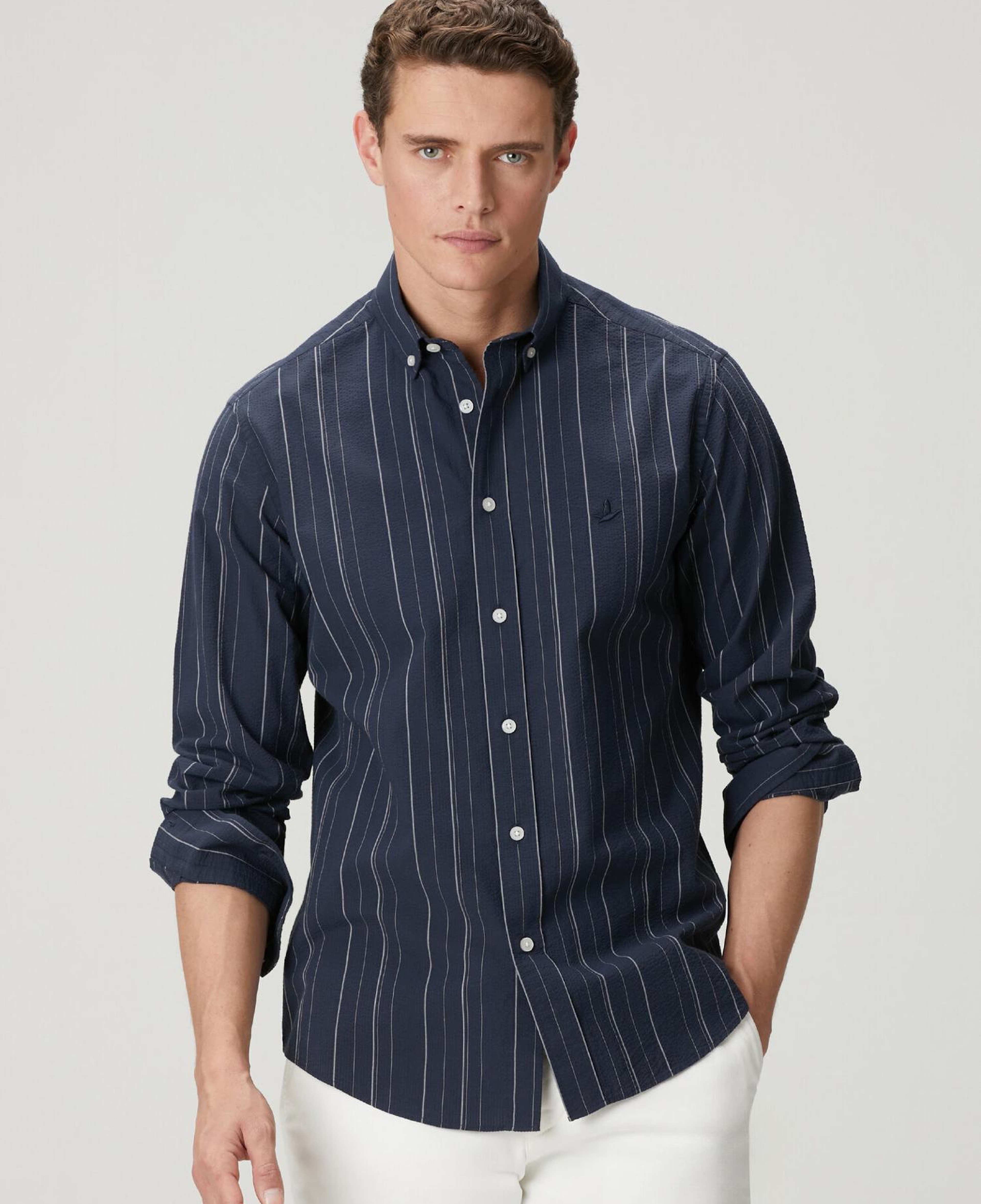 Beymen Club Erkek Comfort Fit Lacivert Çizgi Desenli Gofreli Gömlek