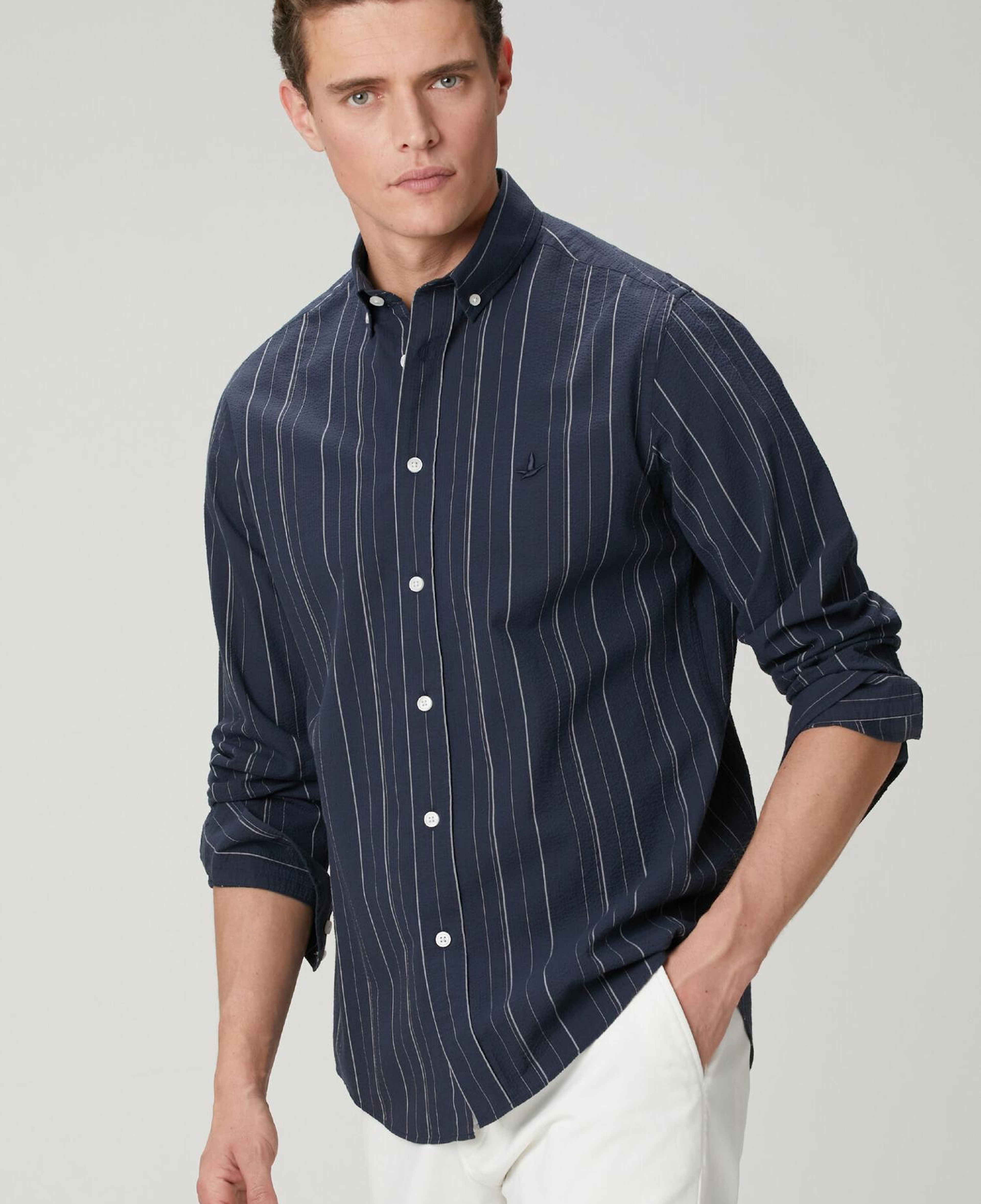 Beymen Club Erkek Comfort Fit Lacivert Çizgi Desenli Gofreli Gömlek