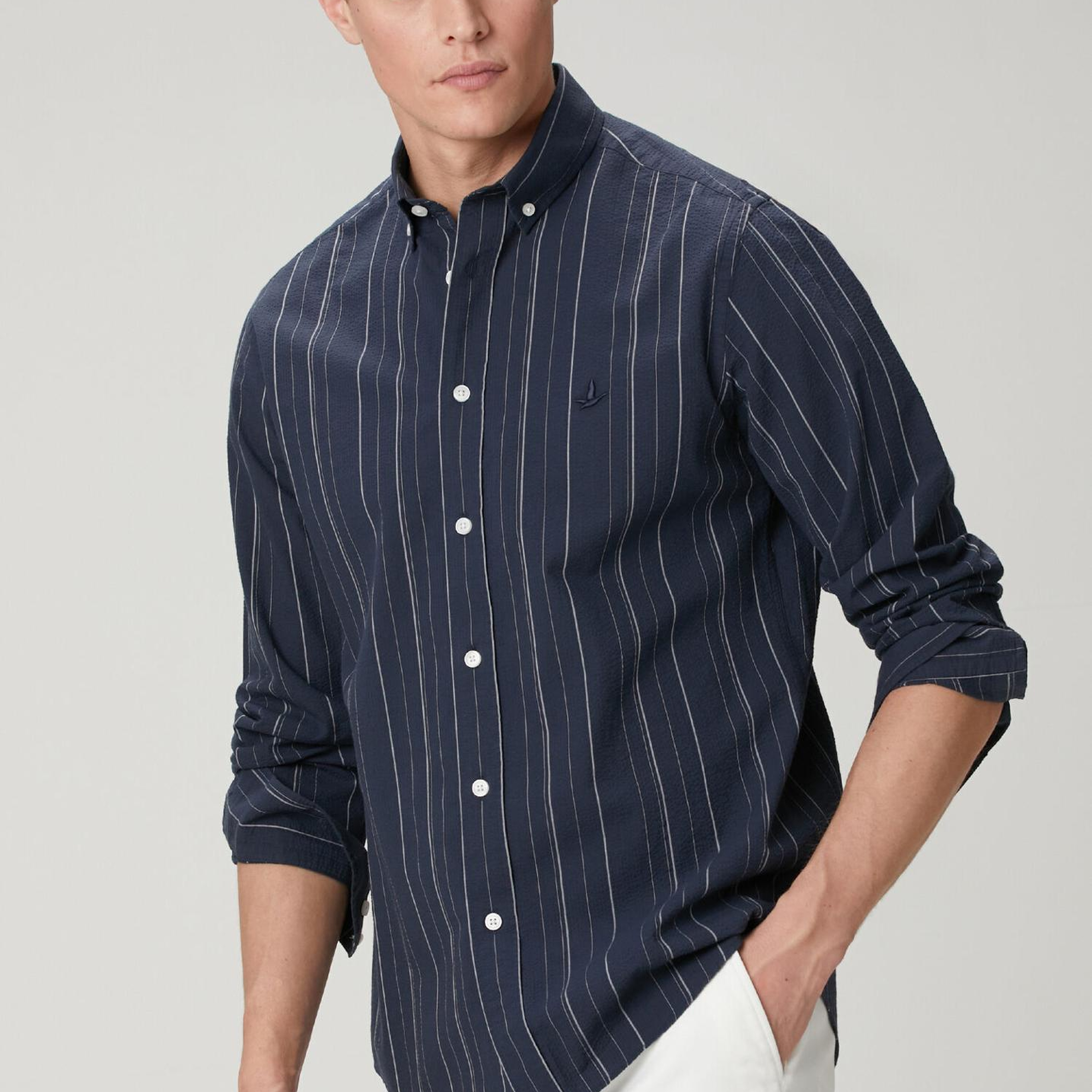 Beymen Club Erkek Comfort Fit Lacivert Çizgi Desenli Gofreli Gömlek