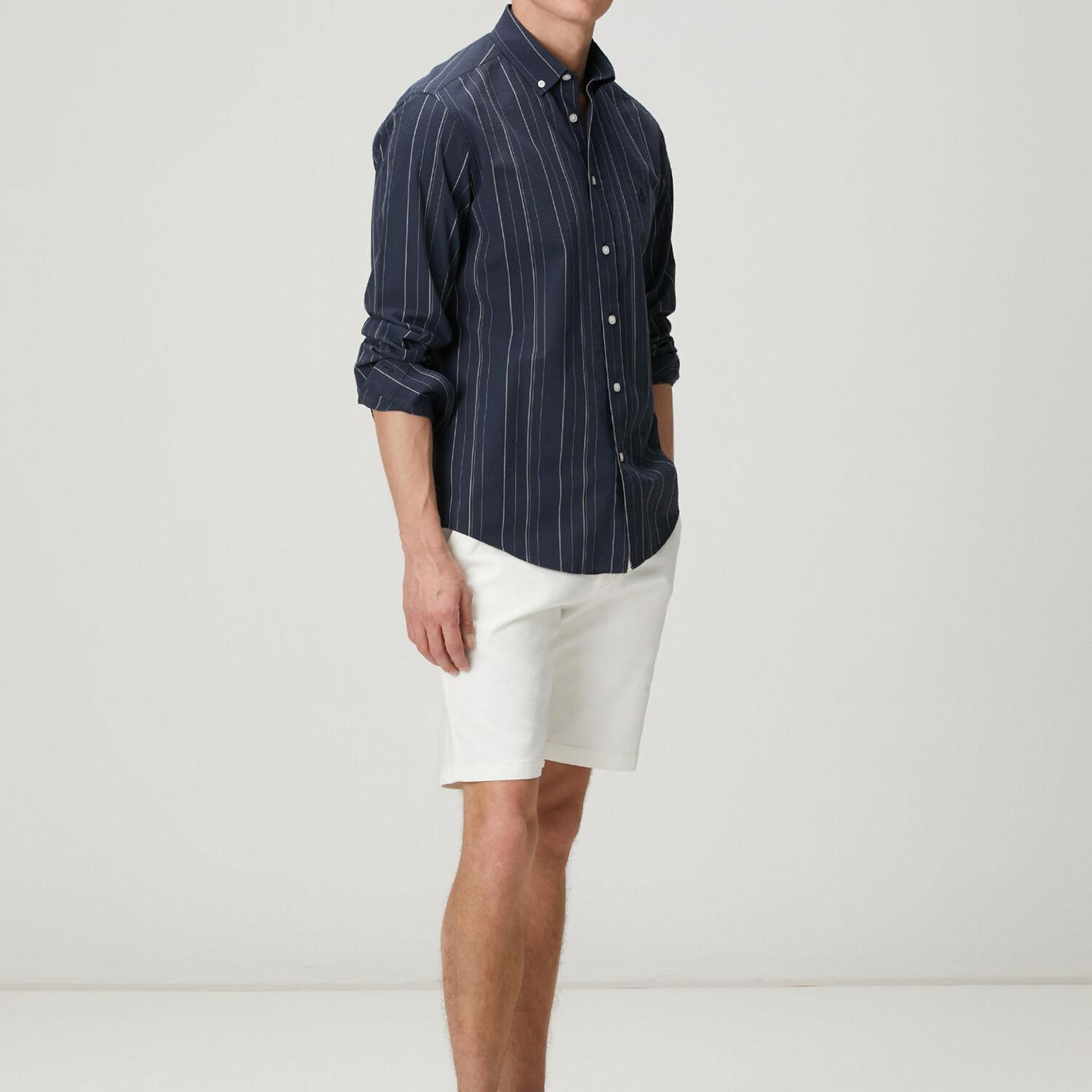 Beymen Club Erkek Comfort Fit Lacivert Çizgi Desenli Gofreli Gömlek