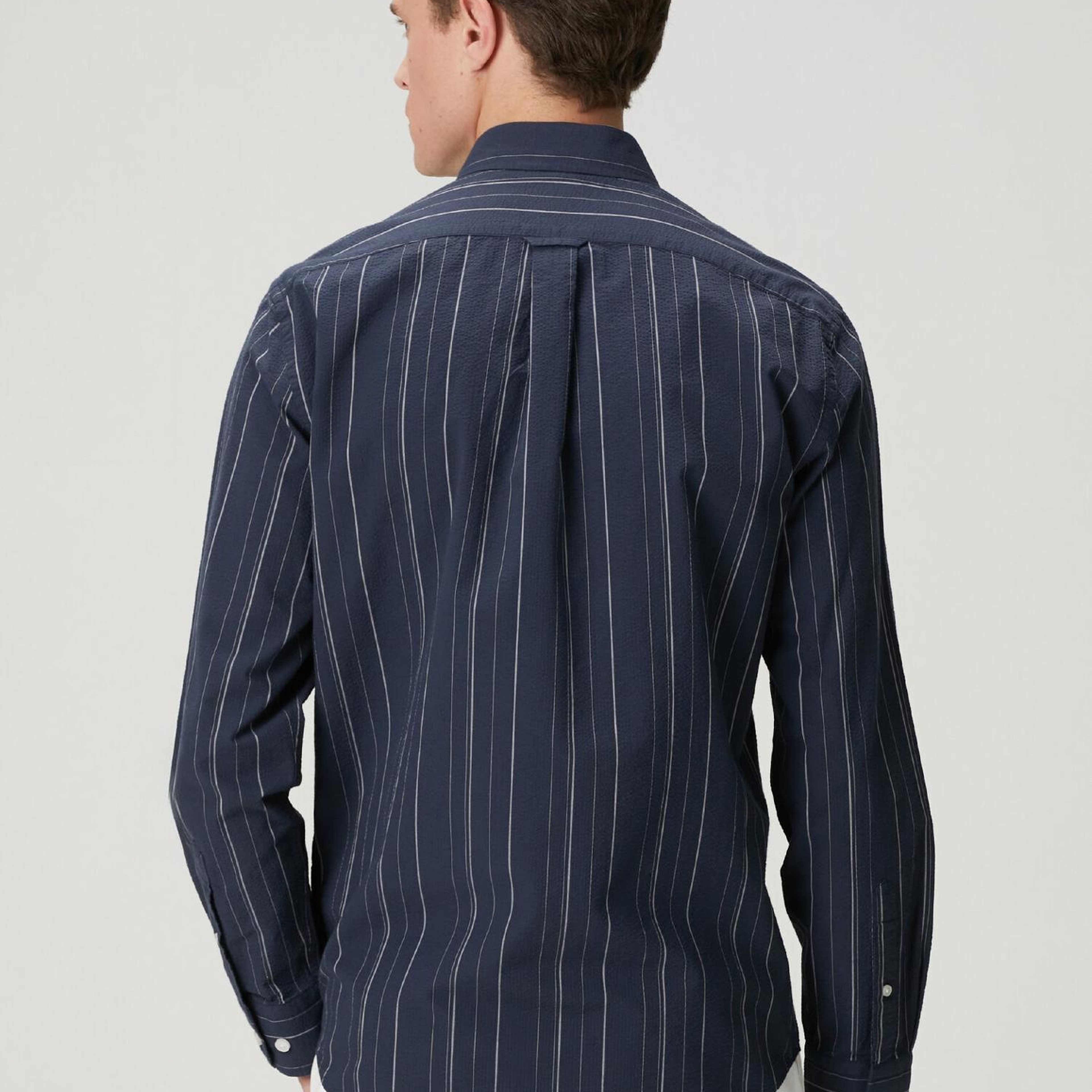 Beymen Club Erkek Comfort Fit Lacivert Çizgi Desenli Gofreli Gömlek